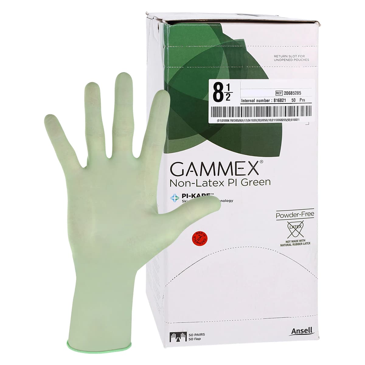 Ansell GAMMEX Non-Latex PI Green Polyisoprene Surgical Gloves, Sterile, Powder-Free, Size 8.5, 50 Pairs/Box, 20685285 - ANSELL GAMMEX NON-LATEX PI SURGICAL GLOVES 20685285 - Image 1