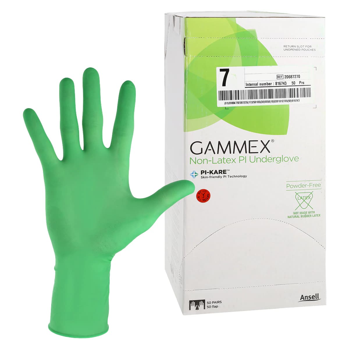 Gammex Non-Latex PI Micro Polyisoprene Surgical Gloves, Size 7, Sterile, Powder-Free, Green, 50 Pairs/Box thumbnail 2