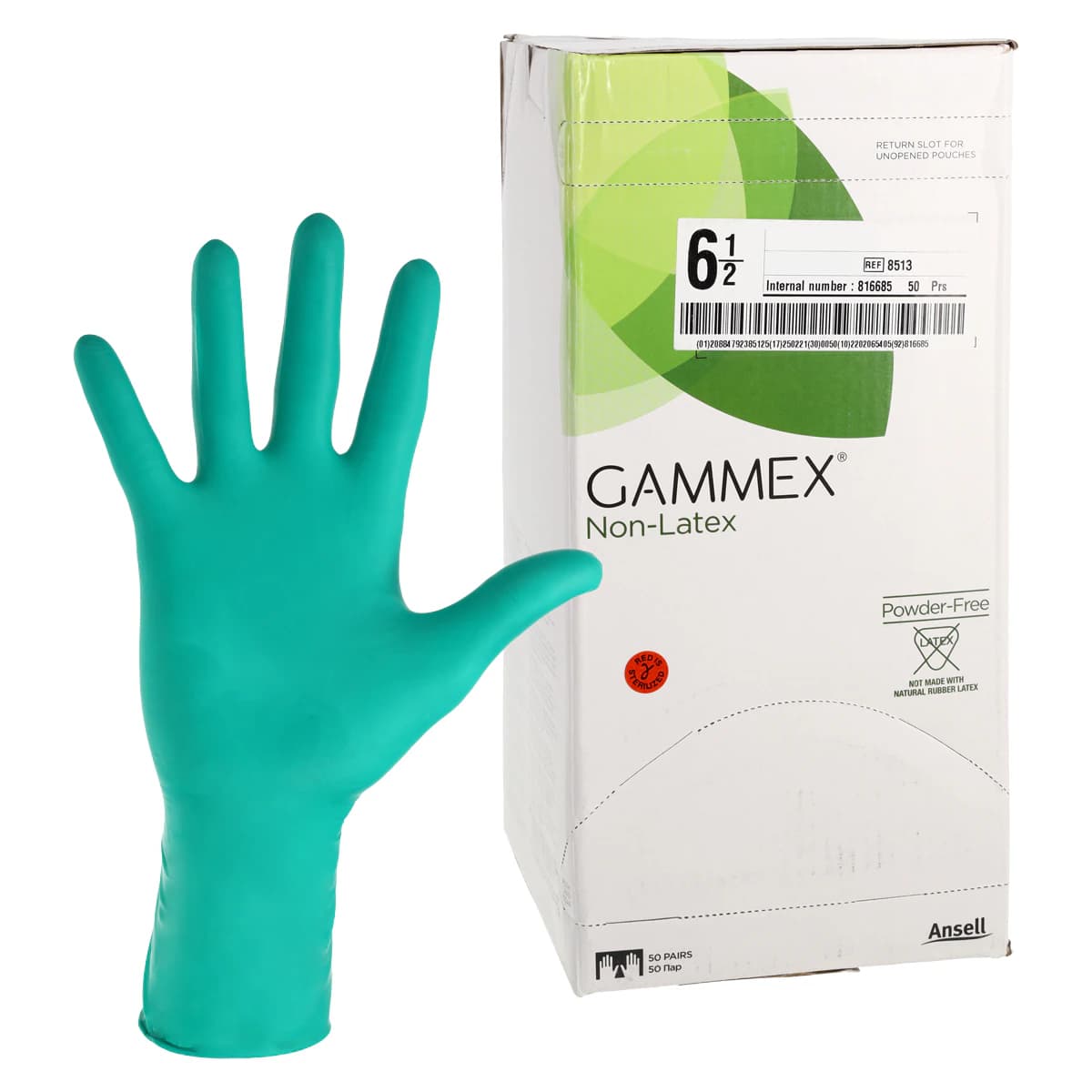 GAMMEX Non-Latex Neoprene Surgical Gloves, Powder-Free, Sterile, Size 6.5, Dark Green, 50 Pairs/Box, 8513 thumbnail 2