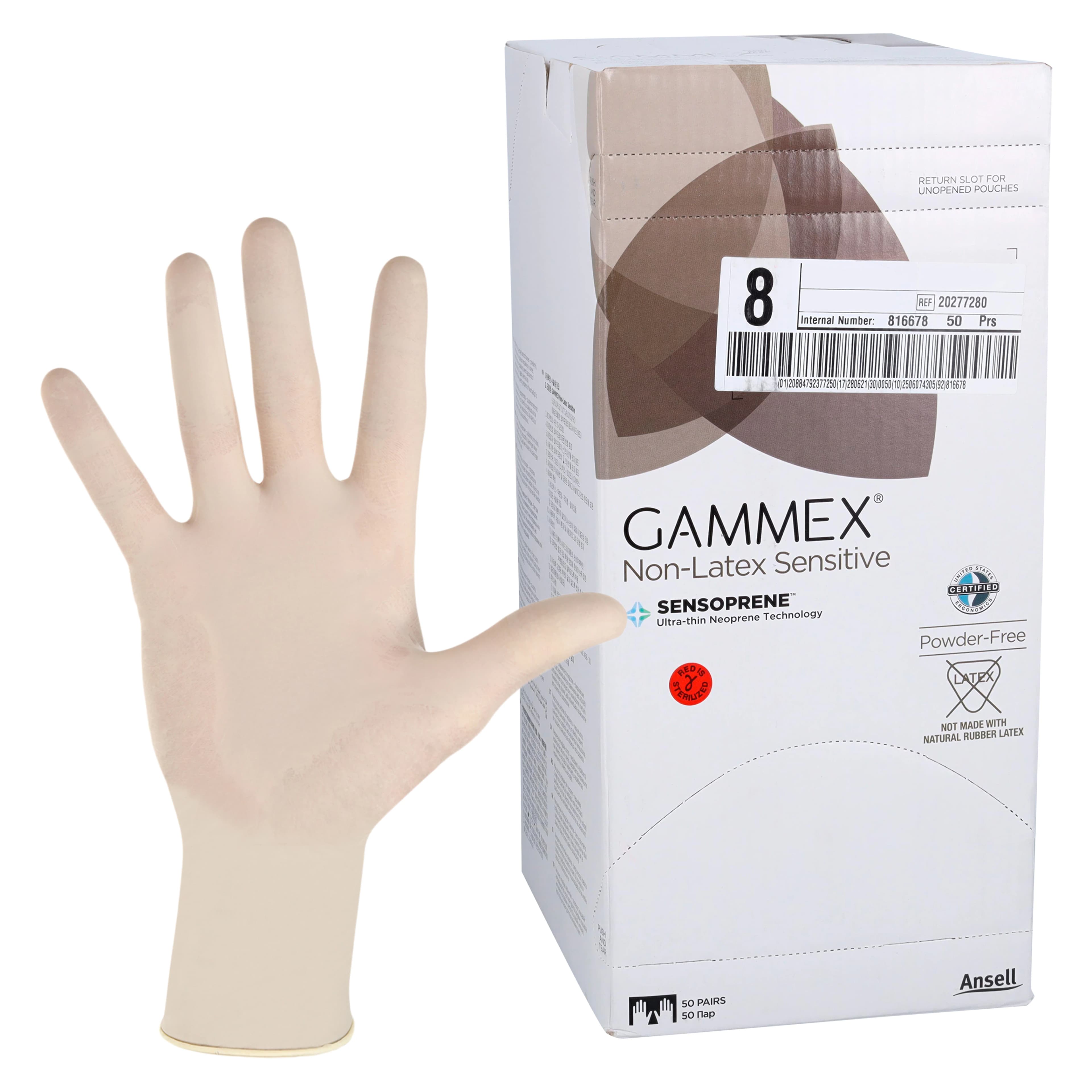 GAMMEX™ Non-Latex Sensitive Neoprene Surgical Gloves, Sterile, Powder-Free, Fitted Size 8.0, Natural, 50 Pairs/Box, 20277280 - GAMMEX™ Non-Latex Sensitive Neoprene Surgical Gloves Sterile Fitted Size 8.0 Natural Box of 50 Pairs - Image 1