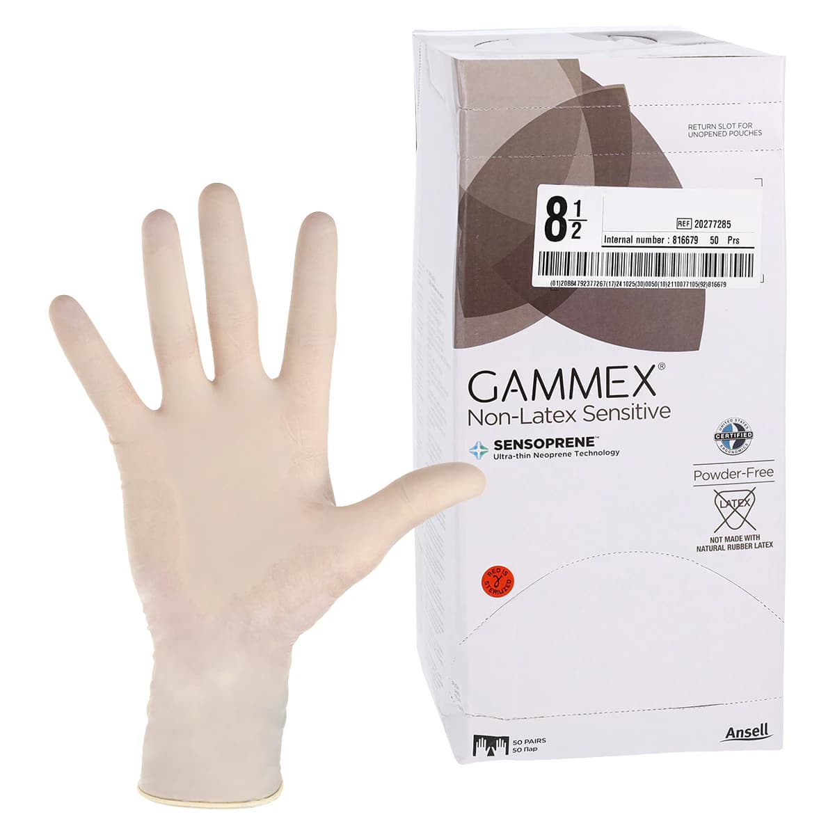 GAMMEX Non-Latex Sensitive Neoprene Surgical Gloves, Sterile, Powder-Free, Fitted Size 8.5, Natural, 50 Pairs/Box, 20277285 thumbnail 2