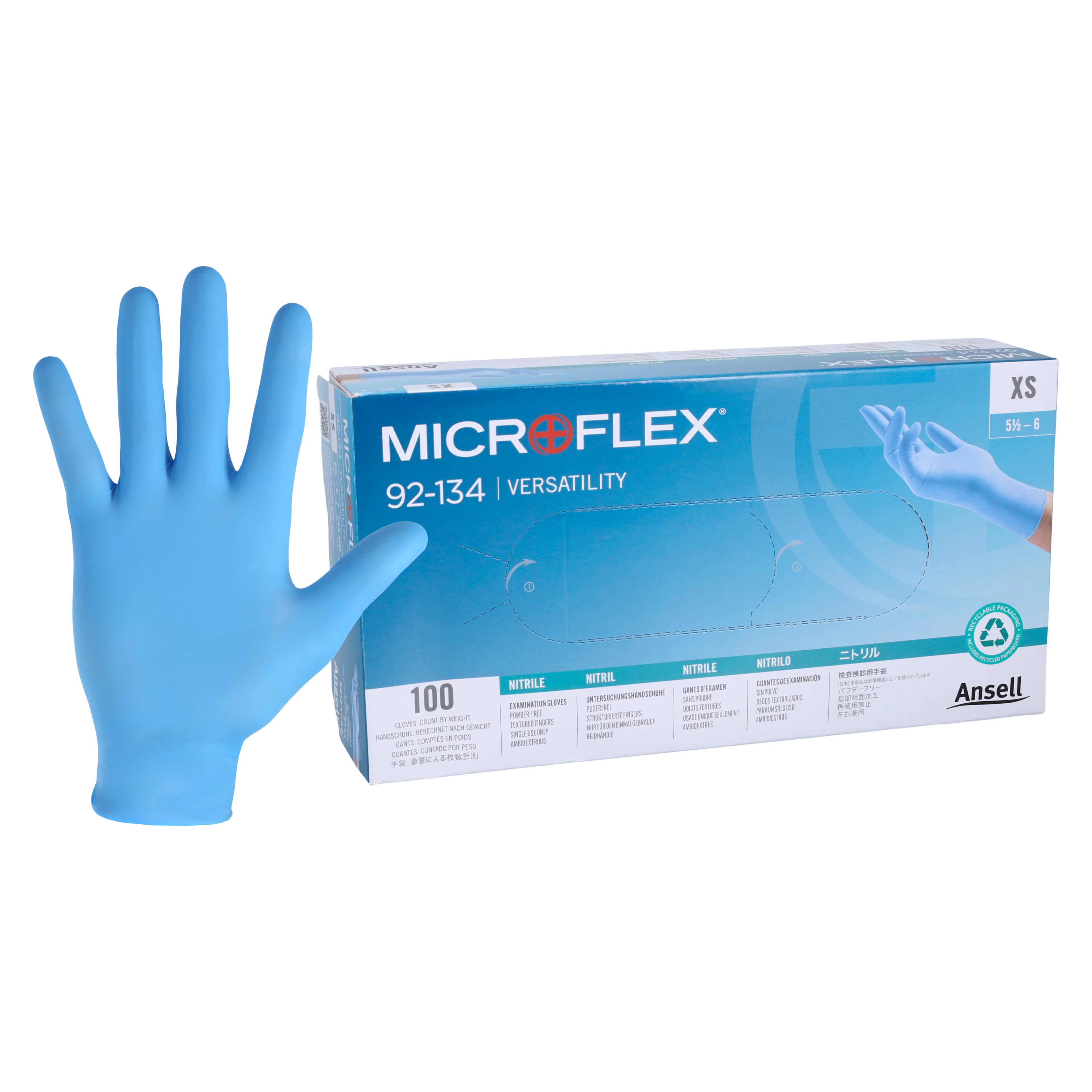 Ansell Microflex 92-134 Nitrile Exam Gloves, Powder Free, Non-Sterile, X-Small (5.5-6), Blue, Textured Fingertips, 100/Box, 92134060 - 92-134 Thin X-SM 5.5-6 Nitrile PF Txt Glv Blu (100 - Image 1