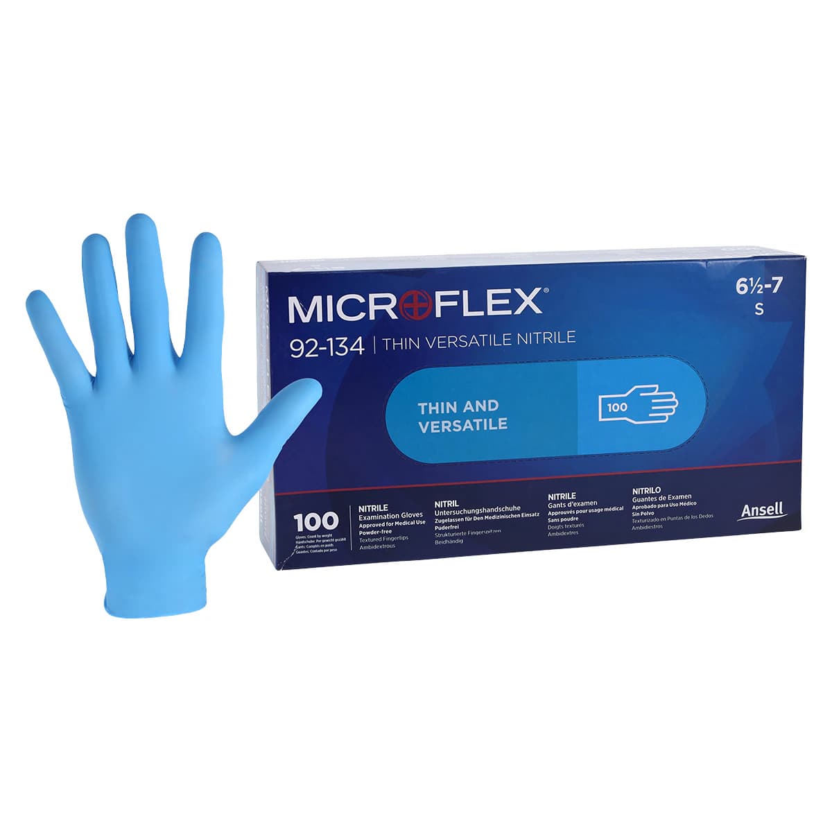 Ansell Microflex 92-134 Versatility Nitrile Exam Gloves, Powder Free, Textured, Small (6.5-7), Blue, 100/Box, 92134070 thumbnail 2