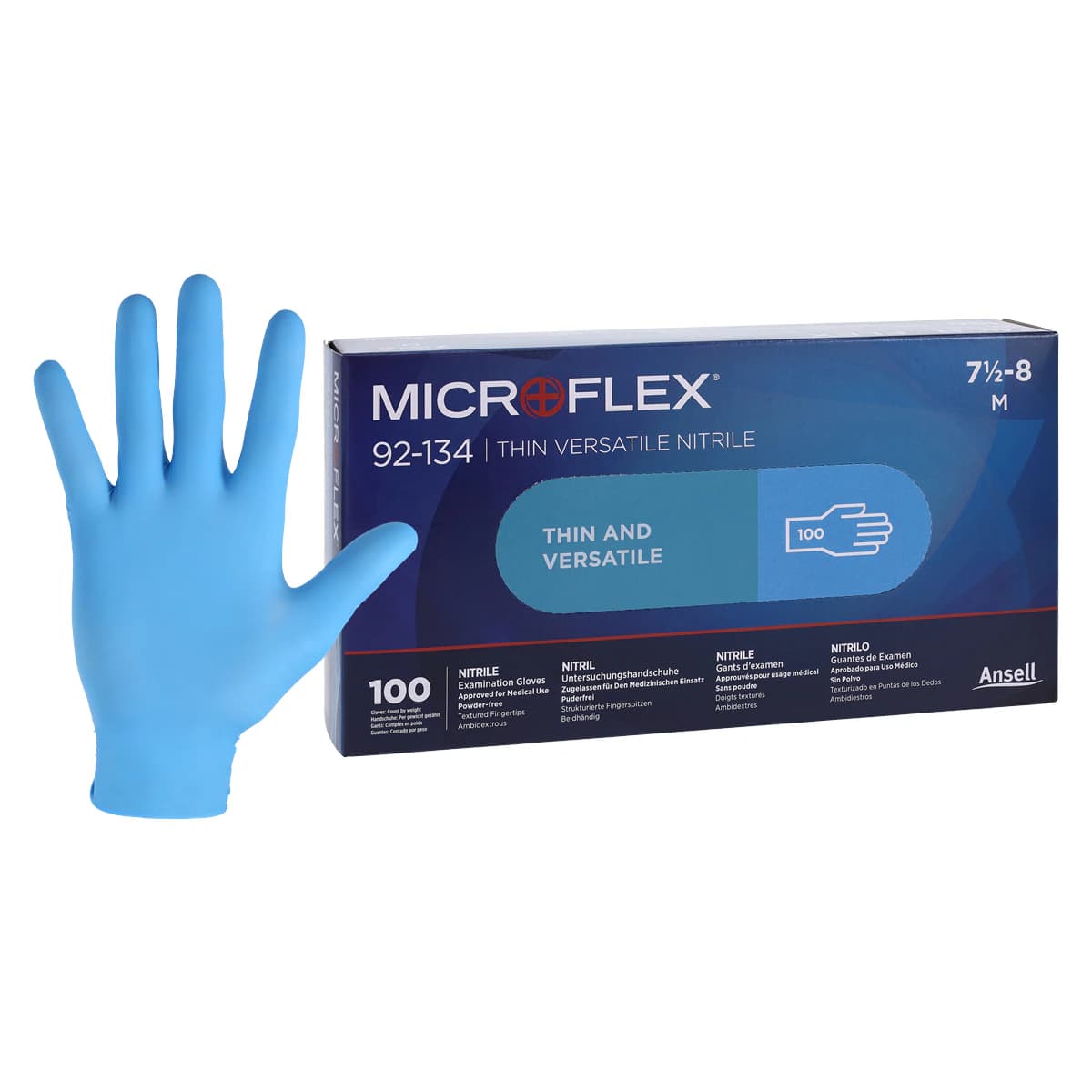 Ansell Microflex 92-134 Versatility Nitrile Exam Gloves, Powder Free, Non-Sterile, Textured Fingertips, Medium (7.5-8), Blue, 100/Box, 92134080 thumbnail 2