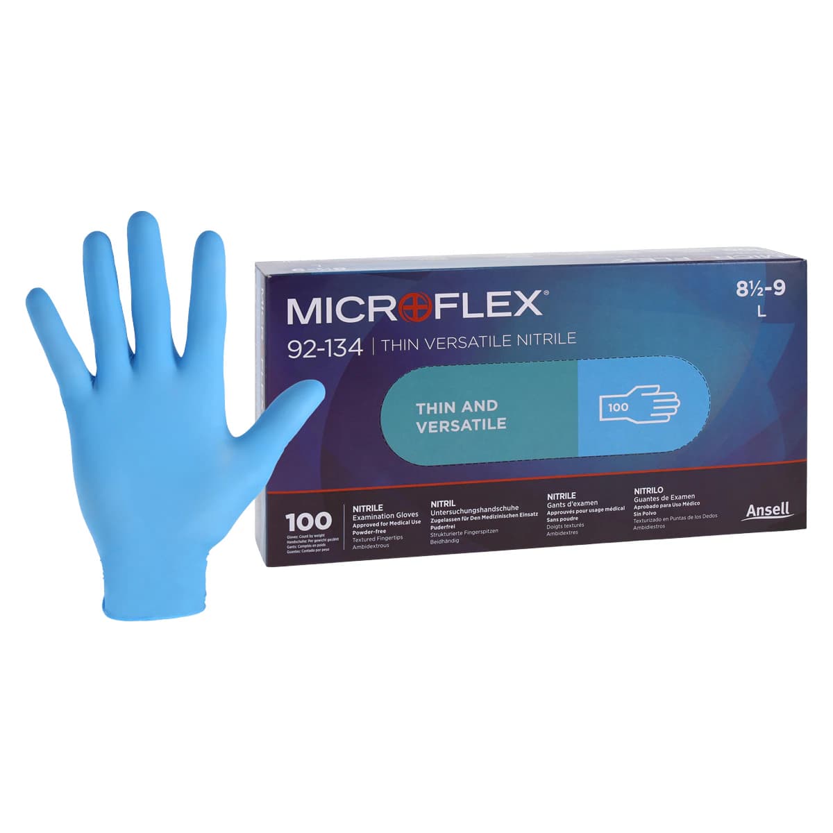 Ansell Microflex 92-134 Versatility Nitrile Exam Gloves, Powder Free, Non-Sterile, Large (8.5-9), Blue, Textured Fingertips, 100/Box, 92134090 - 92-134 Thin LRG 8.5-9 Nitrile PF Txt Glv Blu (100) - Image 1