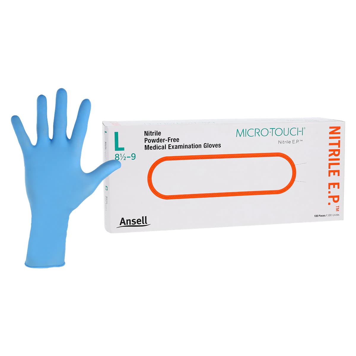 Ansell Micro-Touch E.P. Nitrile Exam Gloves, Large, Blue, Powder-Free, Textured, Non-Sterile, 100/Box, 6034053 - ANSELL MICRO-TOUCH NITRILE E.P. TEXTURED EXAMINATION GLOVES 6034053 - Image 1