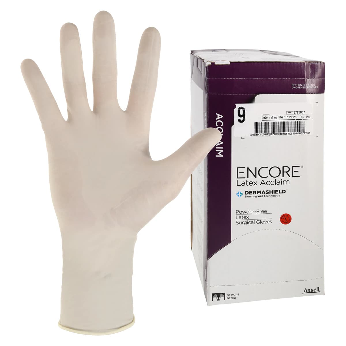 Ansell Encore Acclaim Powder-Free Latex Surgical Gloves, Sterile, Size 9, Natural, 50 Pairs/Box, 5795007 - ANSELL ENCORE ACCLAIM POWDER-FREE LATEX SURGICAL GLOVES 5795007 - Image 1