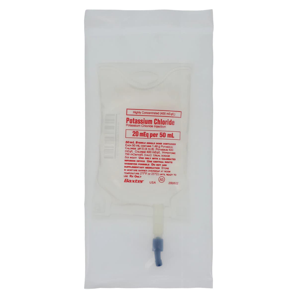 Baxter Potassium Chloride Injection 20mEq/50mL Highly Concentrated Bag, 24/Package - Potassium Chloride Bag 50ml - Image 1