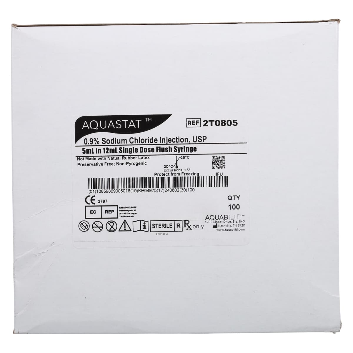 Aquabiliti Sodium Chloride IV Flush 0.9%, Prefilled Syringe, 5mL Fill in 12mL Syringe, 100/Box thumbnail 3