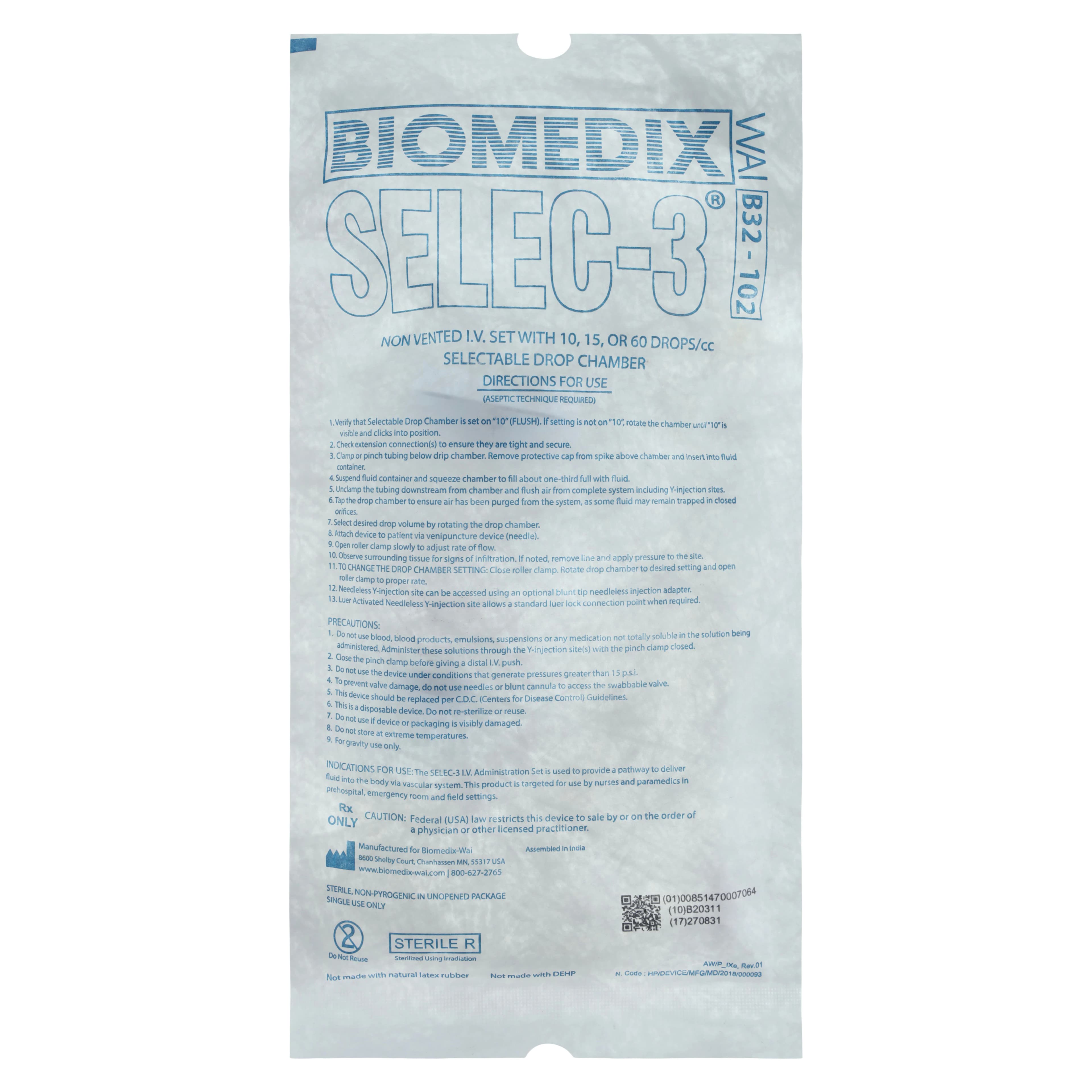 Biomedix Selec-3 IV Administration Set, Needleless Y-Injection Site, Multidrop, 82" Spin-Lock Connector, DEHP-Free, Sterile, Each - Select 3 IV Set w/NIS & LAS - Image 1