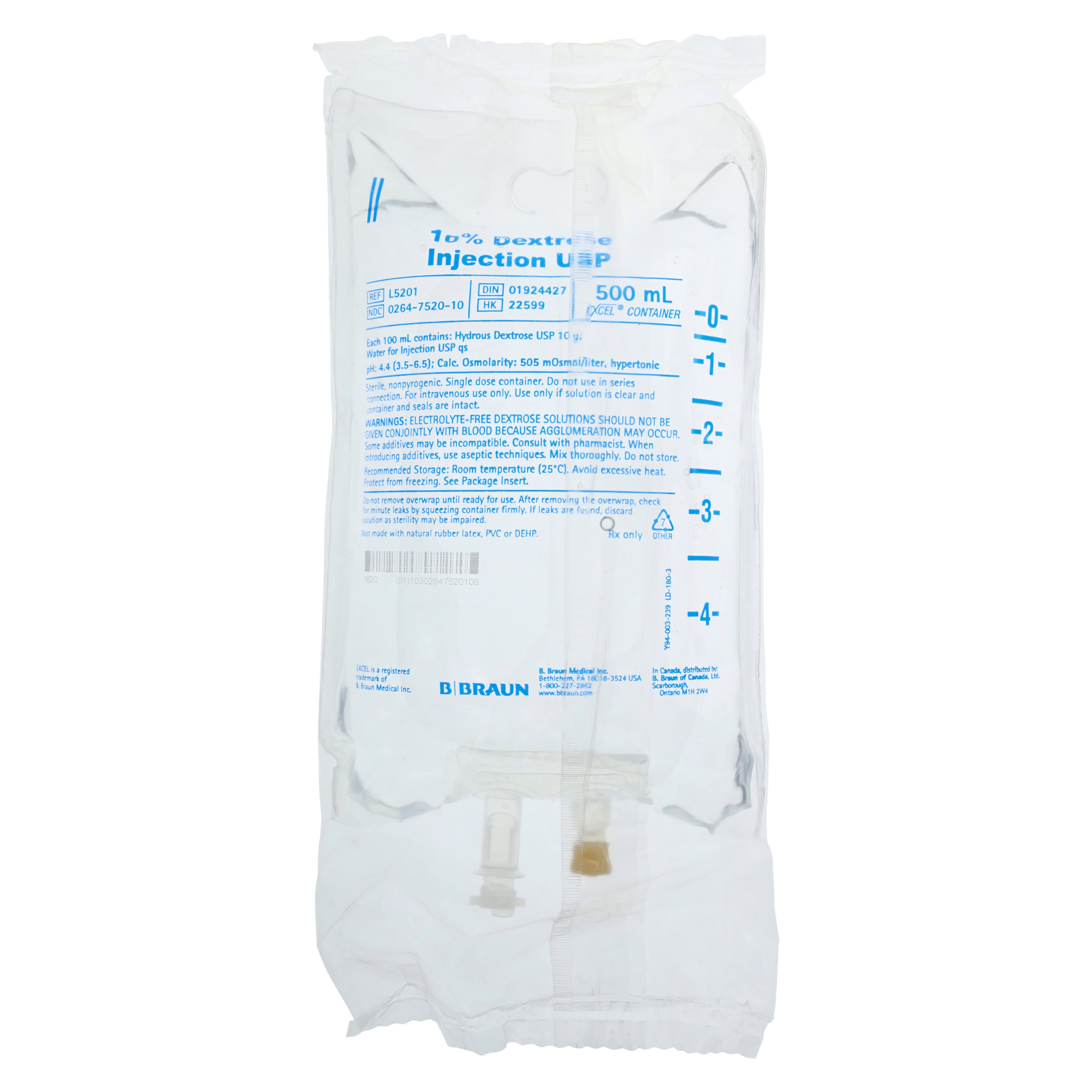 B. Braun Dextrose 10% in Water Injection, 500 mL Excel IV Container, DEHP-Free, Sterile, Each - Dextrose 10% In Water Inj - Image 1
