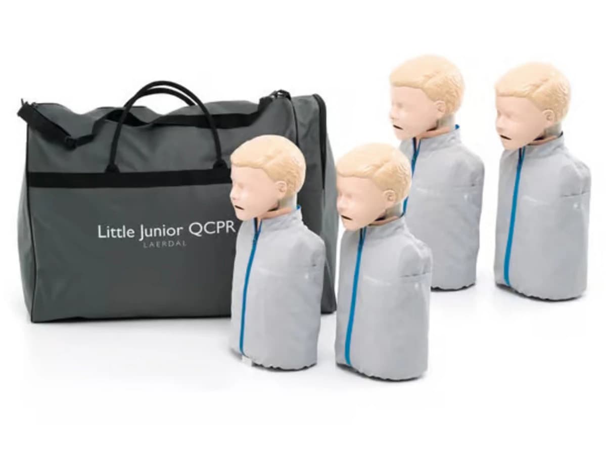 Laerdal Little Junior QCPR CPR Training Manikin, Light Skin, Child, 4-Pack with Carry Case, Bluetooth Enabled, 4 Jackets, 4 Airways, 4 Faces, Wipes, 8 AA Batteries, User Guide - Little Junior QCPR 4 pack - Image 1