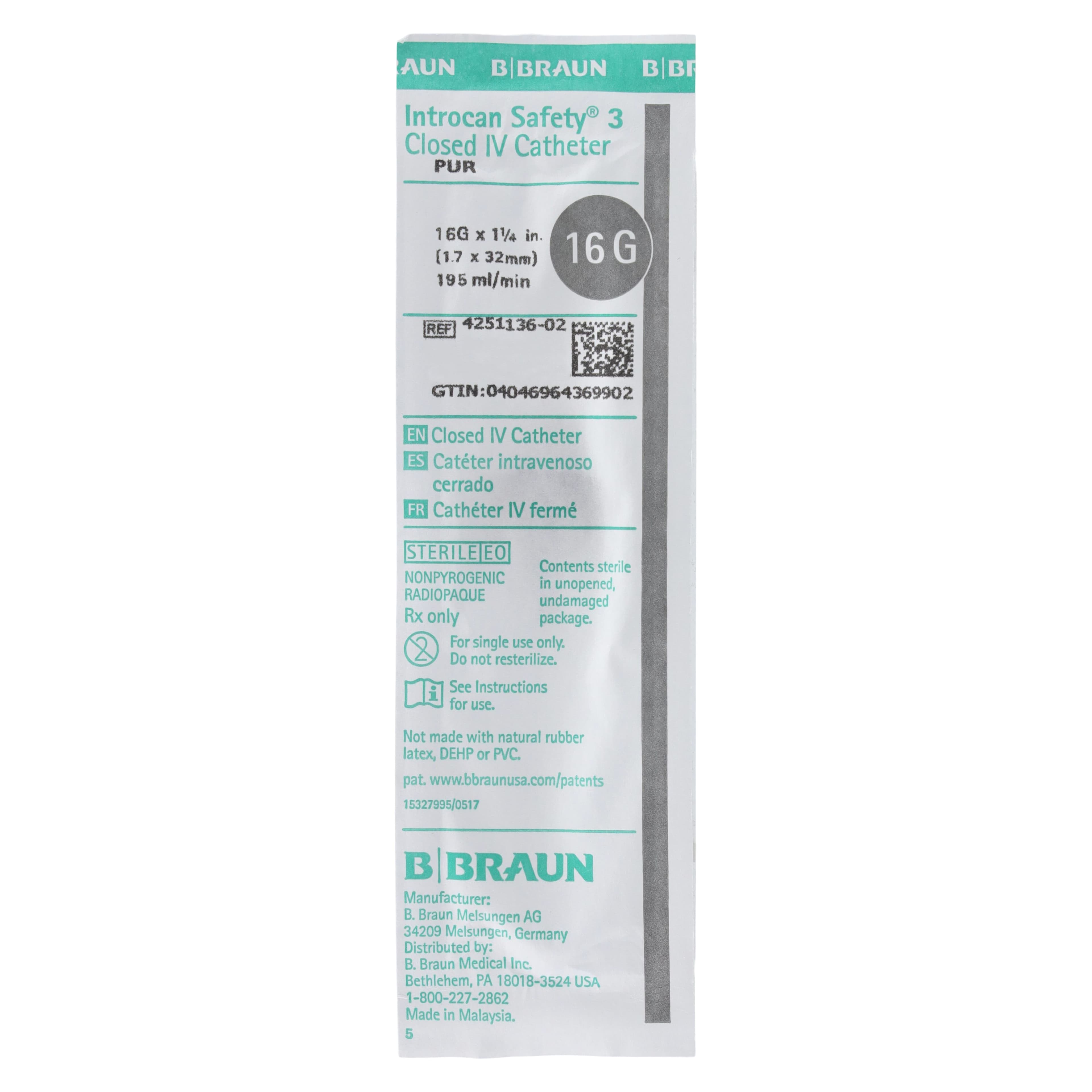 Introcan Cath Safety 3 Closed IV Catheter Cannula, 16 Gauge, 1.25", Sterile, Latex-Free, 50/Box thumbnail 2