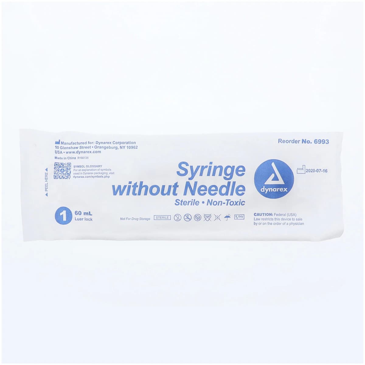 Dynarex Luer Lock Syringe, 60cc, Low Dead Space, Sterile, Non-Toxic, 25/Box, #6993 thumbnail 2