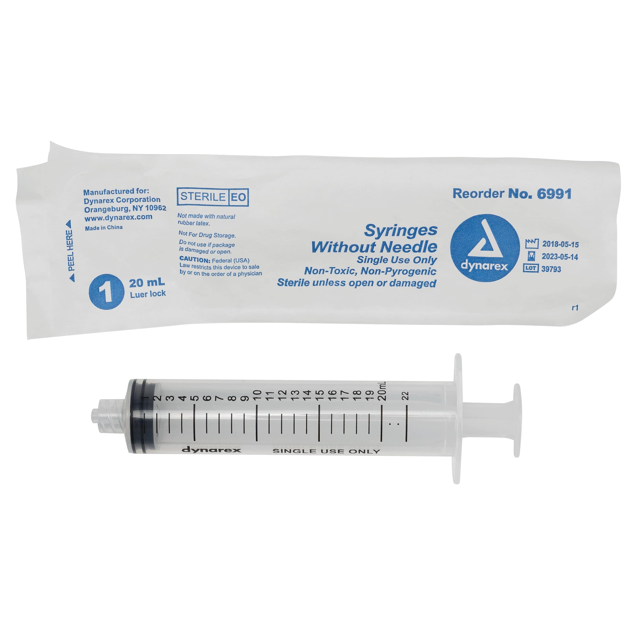 Dynarex Luer Lock Syringe, 20cc, Low Dead Space, Sterile, Without Needle, 50/Box, #6991 thumbnail 2