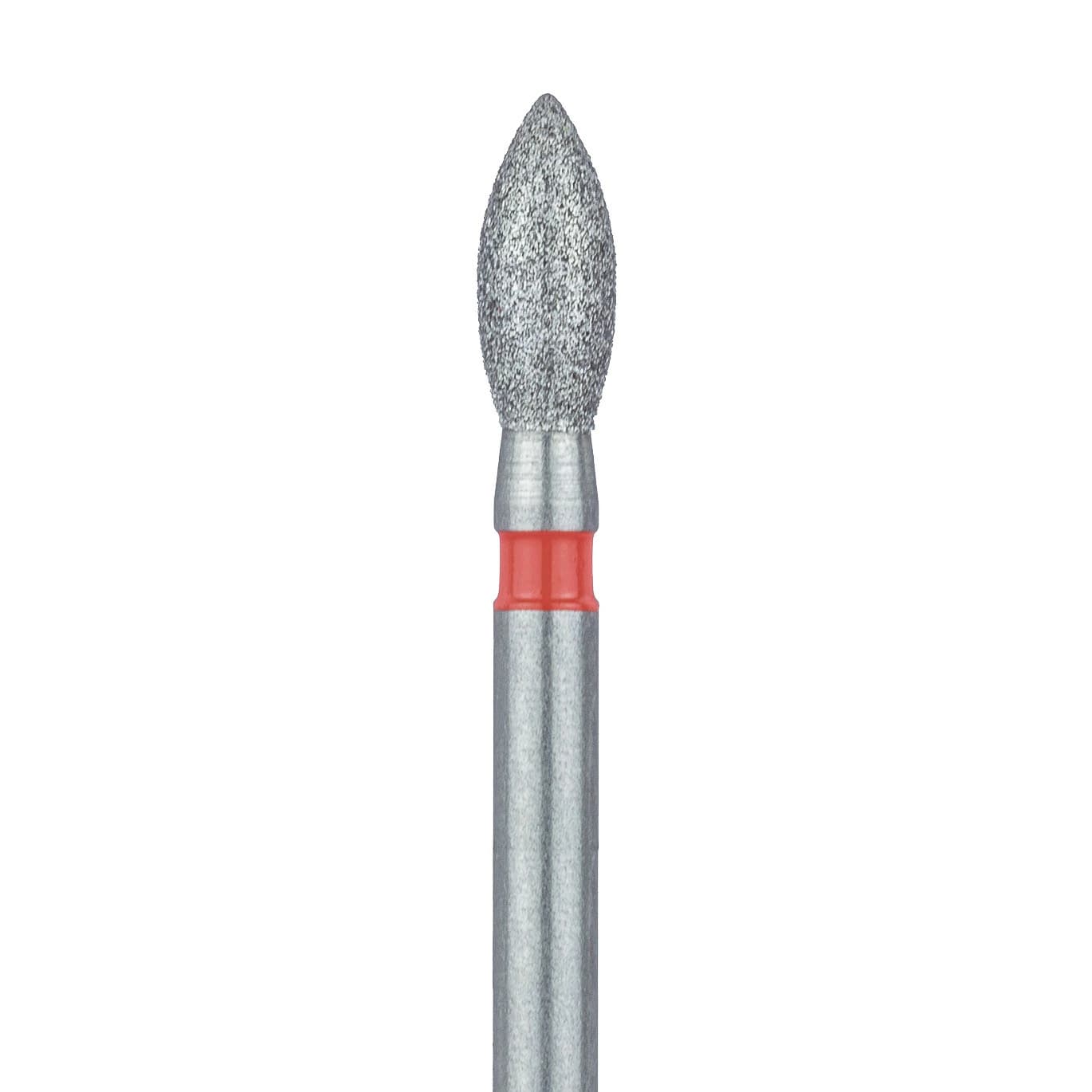 Meisinger 830F-021-FG Fine Diamond Bur, Pointed Football, Friction Grip, 2.1 mm Head Diameter, 5.0 mm Head Length, Red Ring, 5/Pkg - Diamond Instruments – FG, Fine, Red, Football - Point, 830F-021-FG, 2.1 mm Head Diameter, 5.0 mm Head Length, 5/Pkg - Image 1