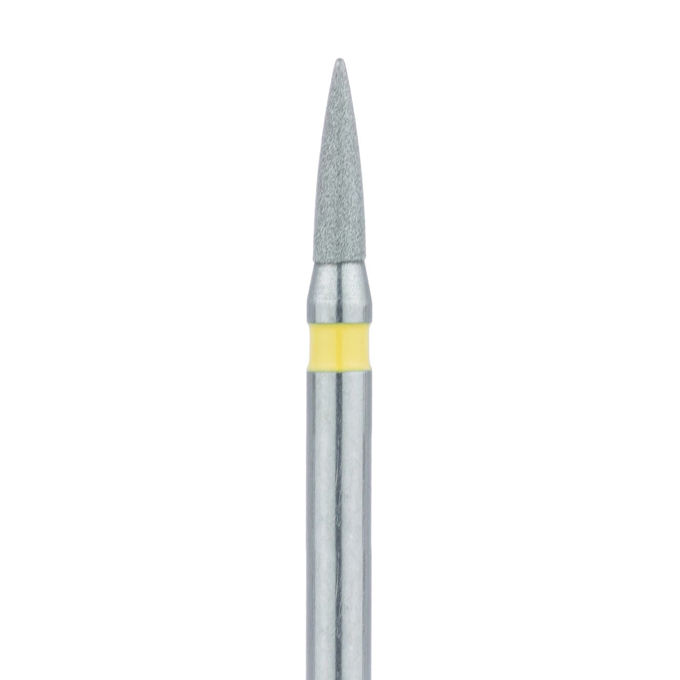 Meisinger 861C-012 Extra Fine Diamond Bur, Flame Shape, Friction Grip, 1.2 mm Head, 5 mm Working Length, Yellow Ring, 5/Pack - #861C-012 Extra Fine Diamond Bur Flame FG Pack of 5 - Image 1