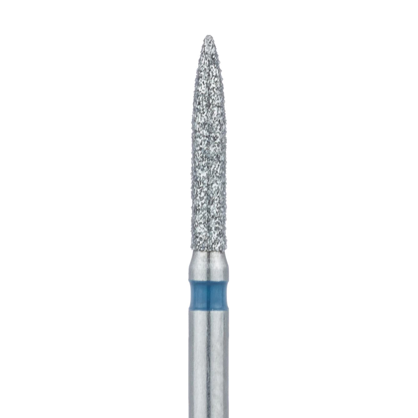 Meisinger 862-014-FG Diamond Bur, Flame Shape, Medium Grit, Blue Ring, Friction Grip, 1.4 mm Head Diameter, 8.0 mm Head Length, 5/Pkg - Diamond Instruments – FG, Medium, Blue, Flame, Point End - 862-014-FG, 1.4 mm Head Diameter, 8.0 mm Head Length, 5/Pkg - Image 1