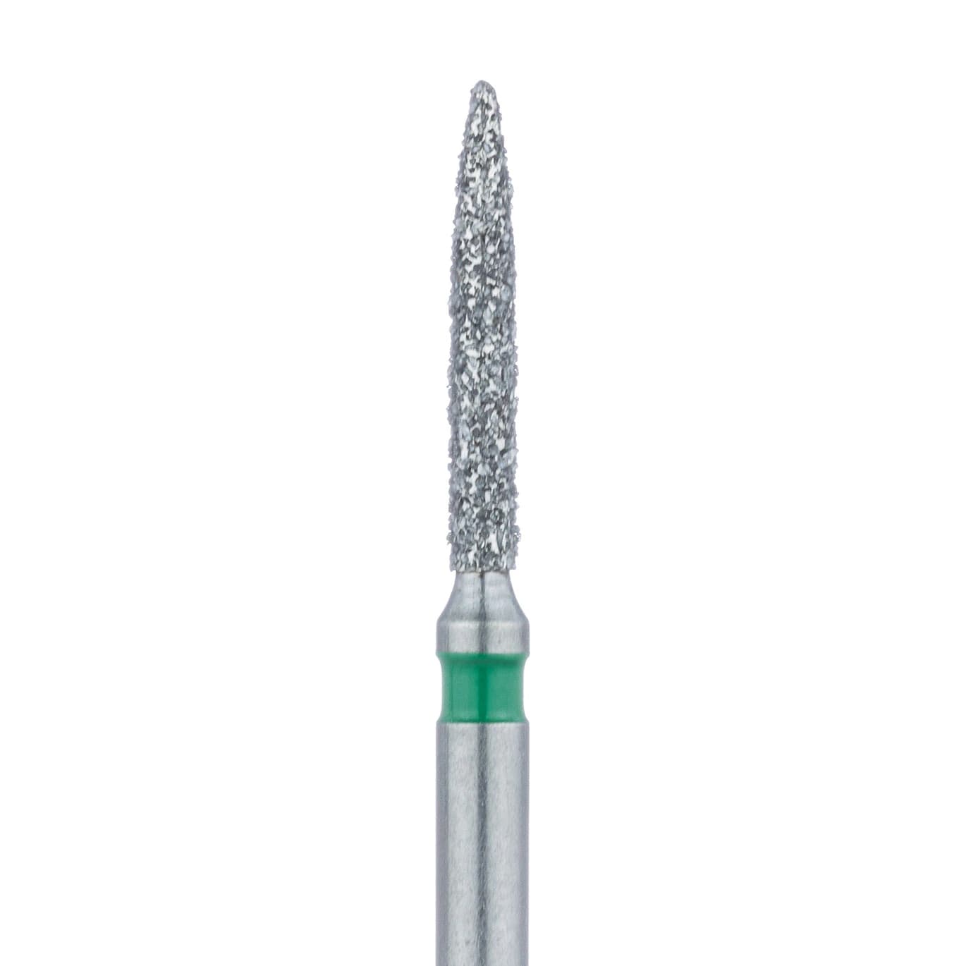 Meisinger 862G-012-SS Coarse Flame Diamond Bur, Friction Grip Short Shank, 1.2 mm Head, 8 mm Working Length, Green Band, Multi-Use, 5/Pk - Meisinger SS #862.012 Coarse Flame Shaped, Diamond Burs, 5/Pk - Image 1