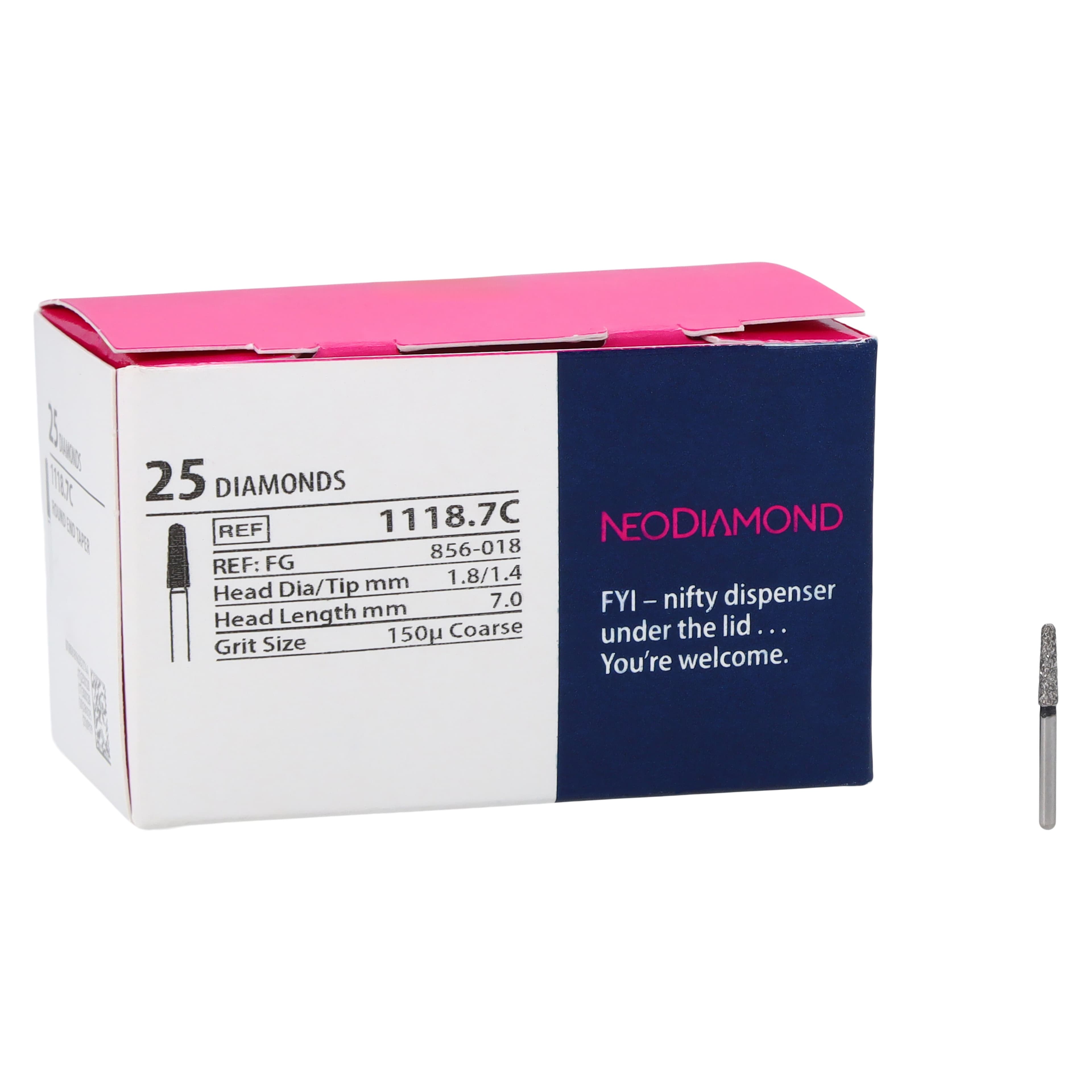 Meisinger Single-Use Sterile Diamond Bur, FG, Tapered Round End, #1118.7C, 1.8 mm Head, Coarse, 25/Pk thumbnail 4