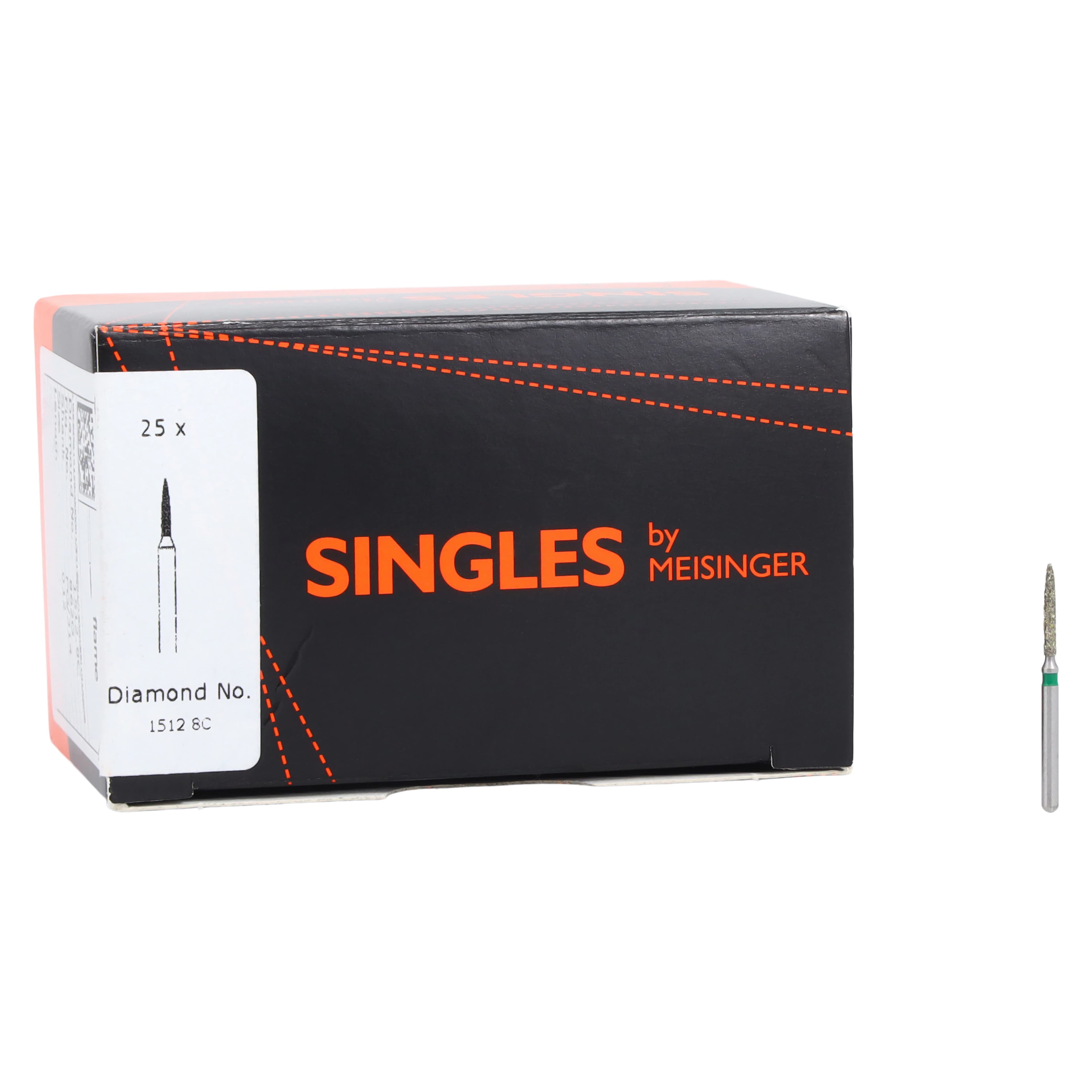 Meisinger Singles Disposable Diamond Bur FG Flame Coarse #1512.8C, 1.2mm Diameter, 8.0mm Length, 25/Pack thumbnail 4
