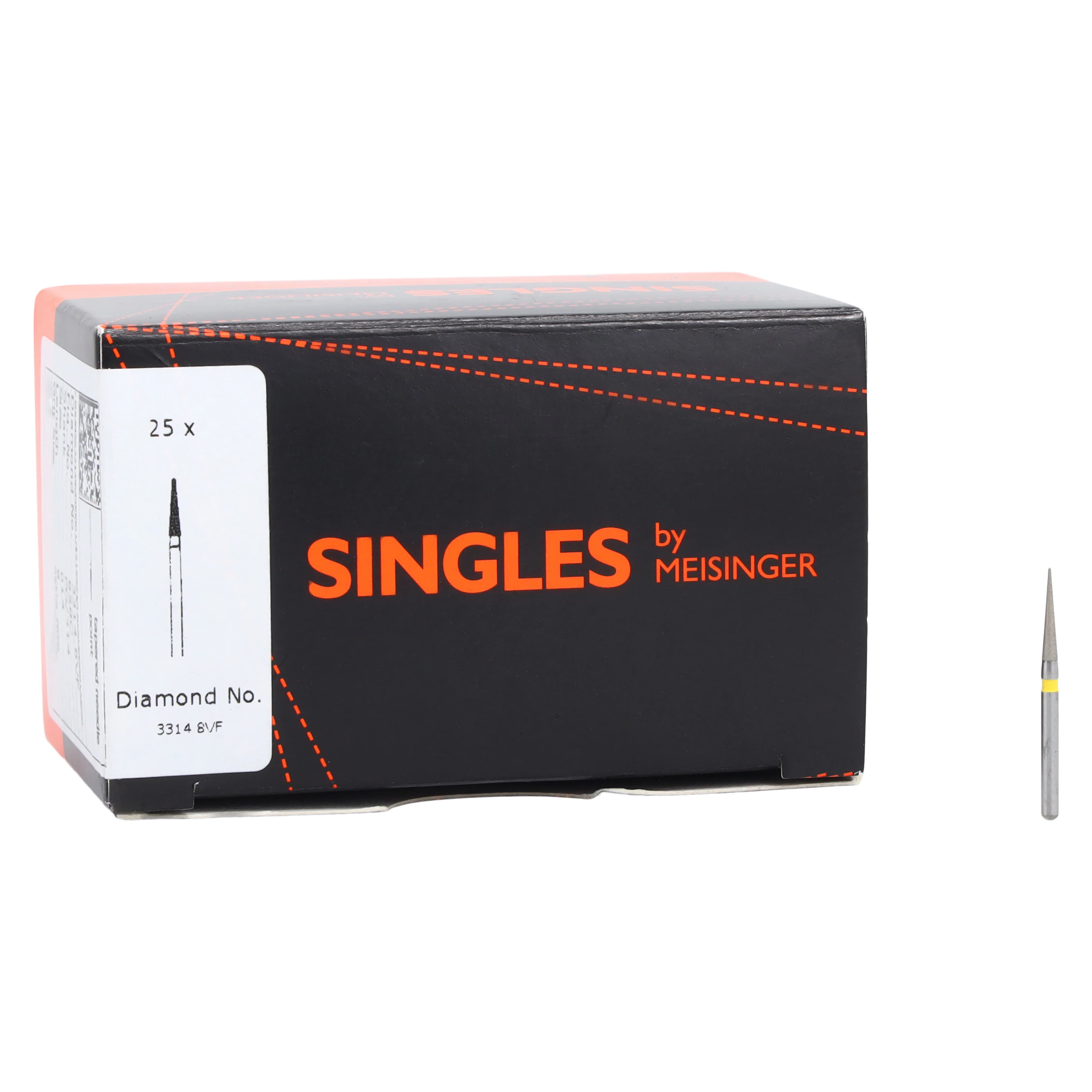 Meisinger FG Single-Use Diamonds, Extra Fine, #3314.8VF, Pointed Needle, 1.4mm Diameter, 8.0mm Length, Yellow, 25/Pk thumbnail 4