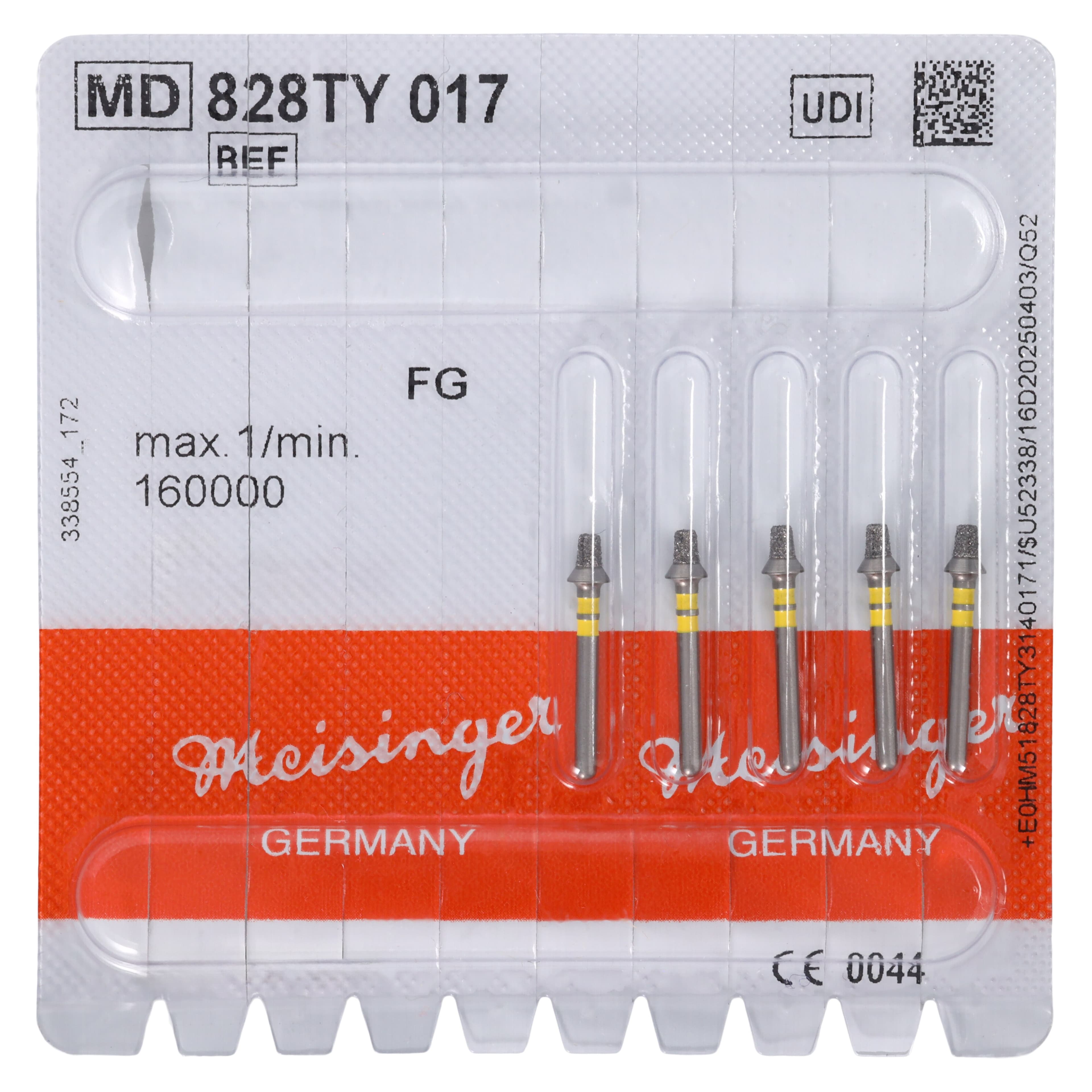 Meisinger 828TY-017 FG Tapered Occlusal Reduction Diamond Bur, Coarse, Yellow, 1.7mm Head, 2.0mm Depth, 5/Pack thumbnail 3