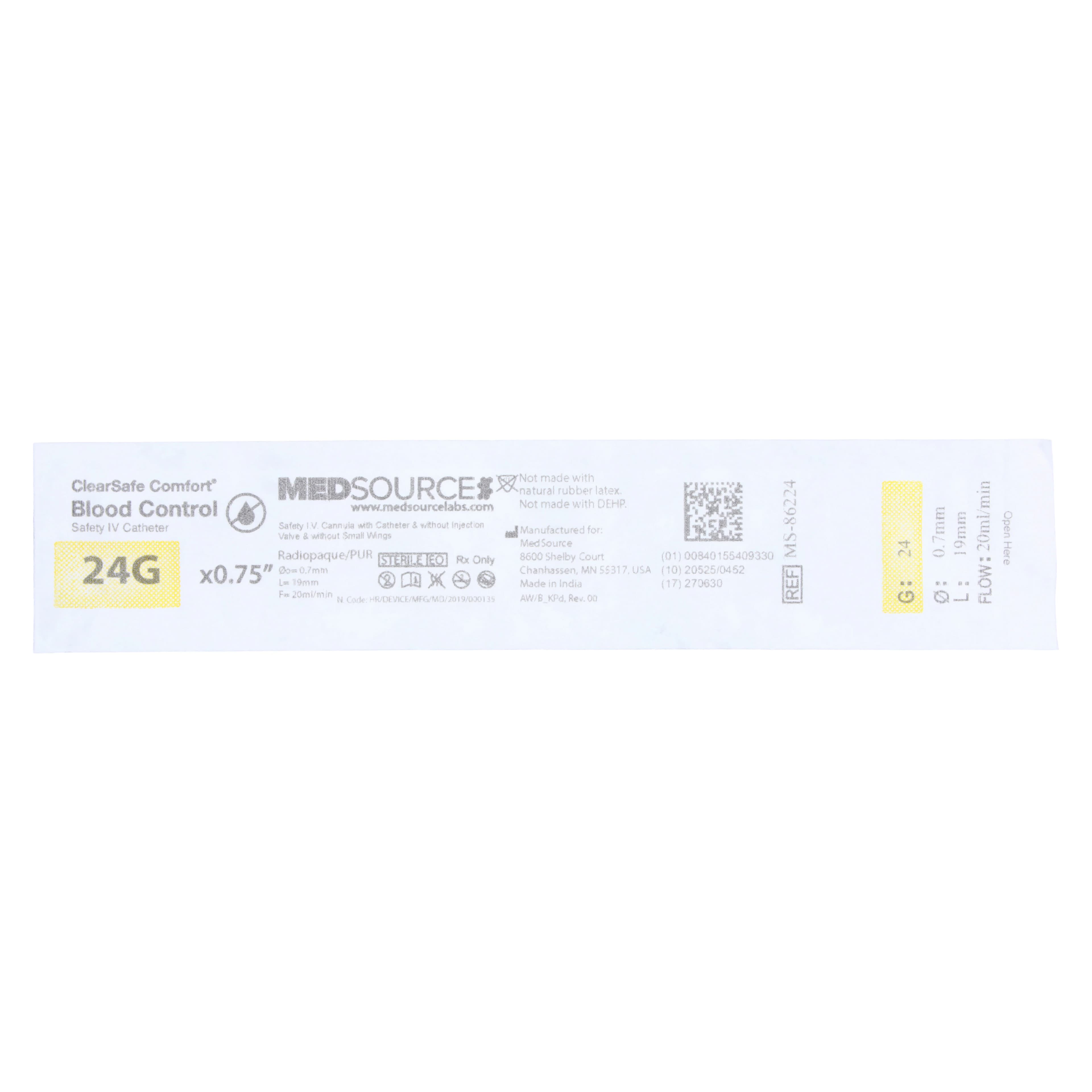 ClearSafe BC Safety IV Catheter, 24 Gauge, 0.75", Sterile, Radiopaque, Anti-Stick, Latex-Free, 50/Box thumbnail 2