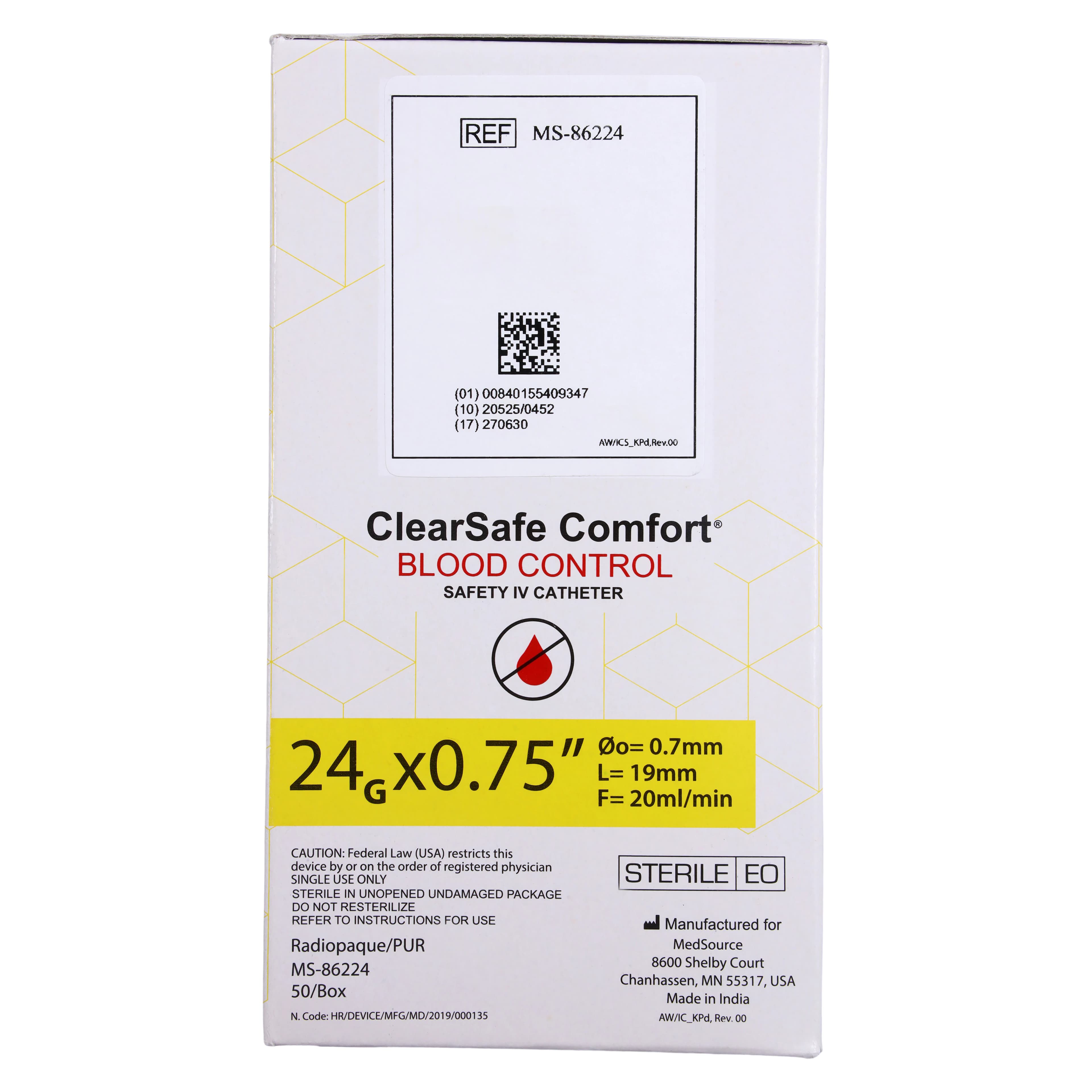 ClearSafe BC Safety IV Catheter, 24 Gauge, 0.75", Sterile, Radiopaque, Anti-Stick, Latex-Free, 50/Box thumbnail 4