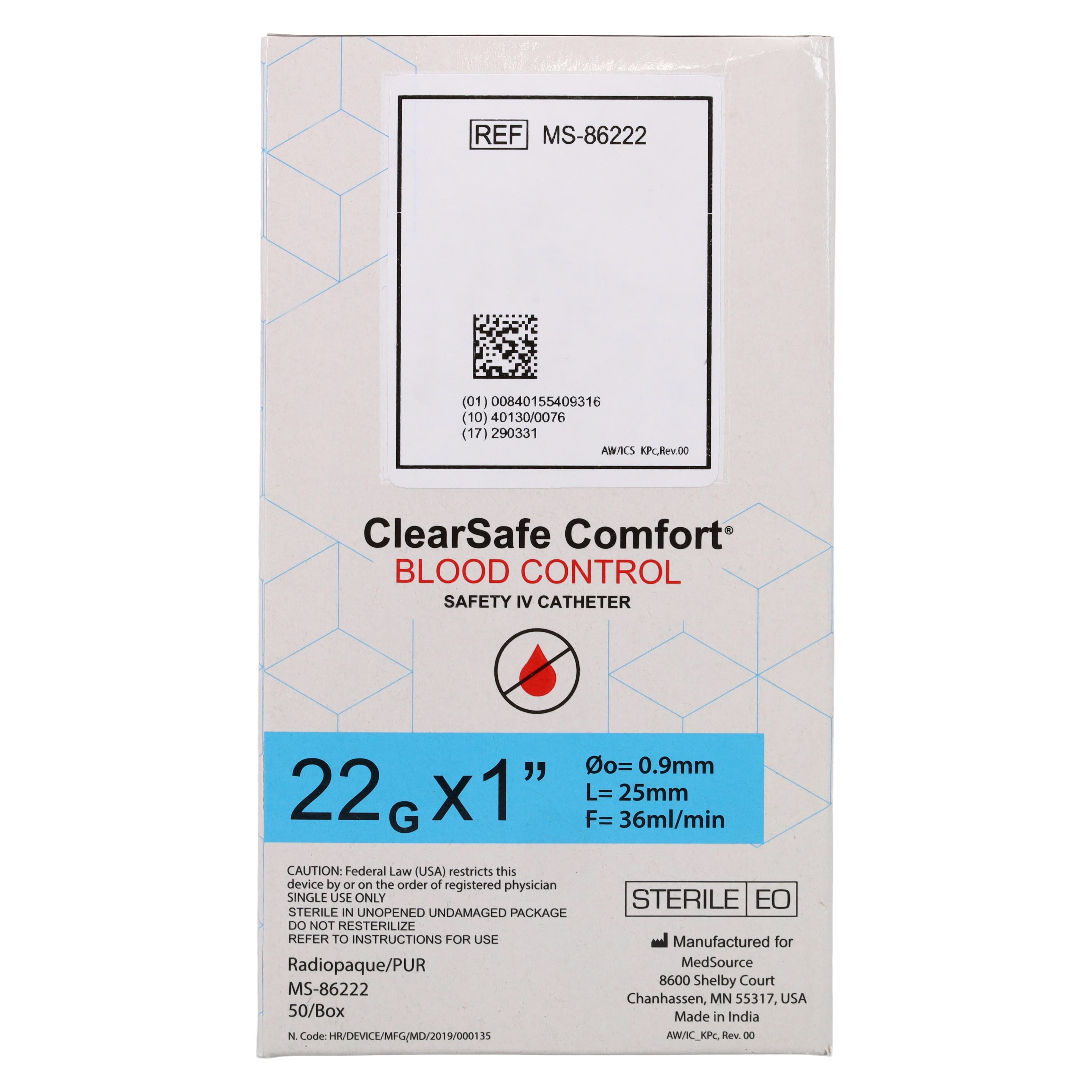 ClearSafe BC Safety IV Catheter, 22 Gauge, 1 Inch, Sterile, Latex-Free, Radiopaque, Anti-Stick, 50/Box thumbnail 4