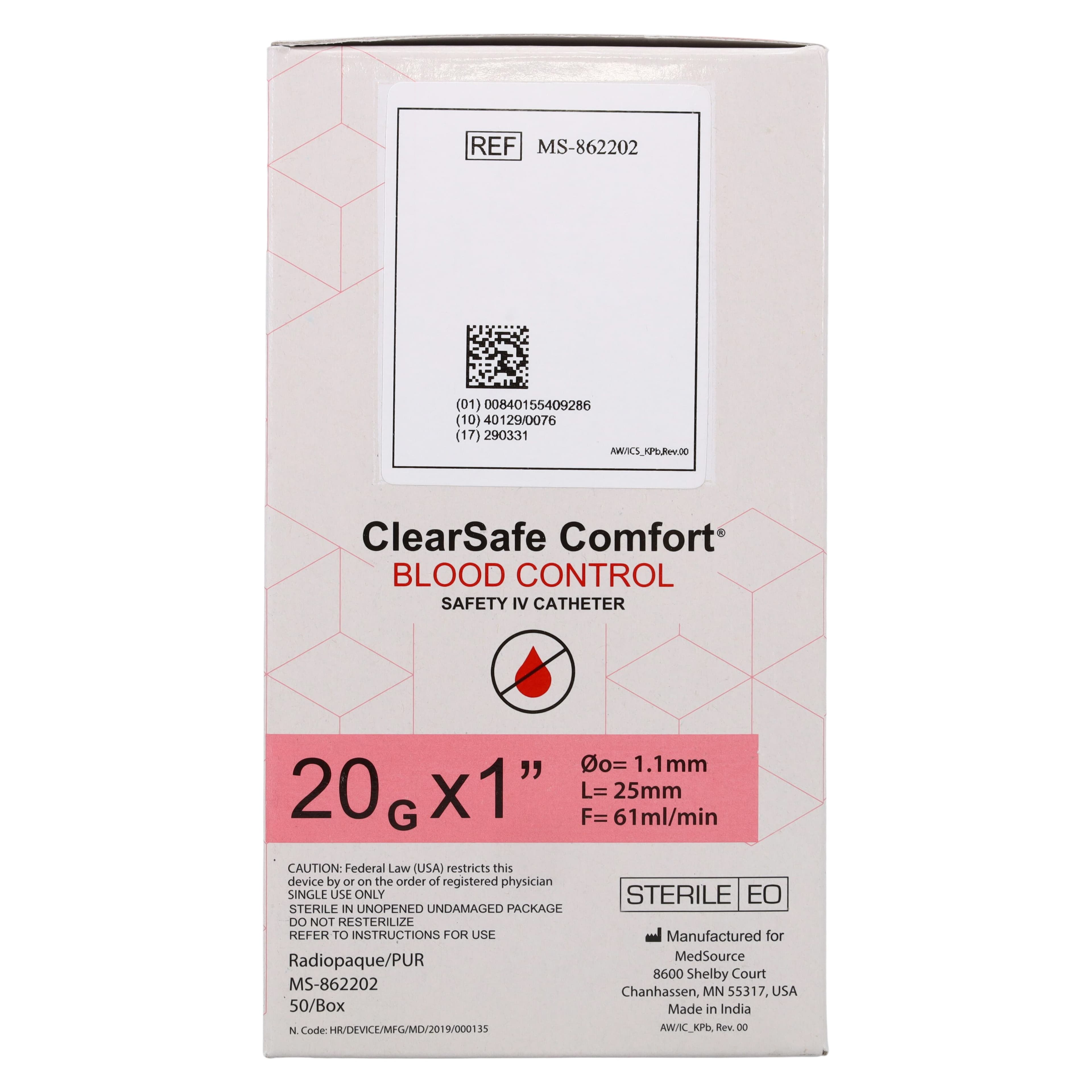 ClearSafe BC Safety IV Catheter, 20 Gauge, 1 Inch, Sterile, Latex-Free, Radiopaque, Anti-Stick, 50/Box thumbnail 4