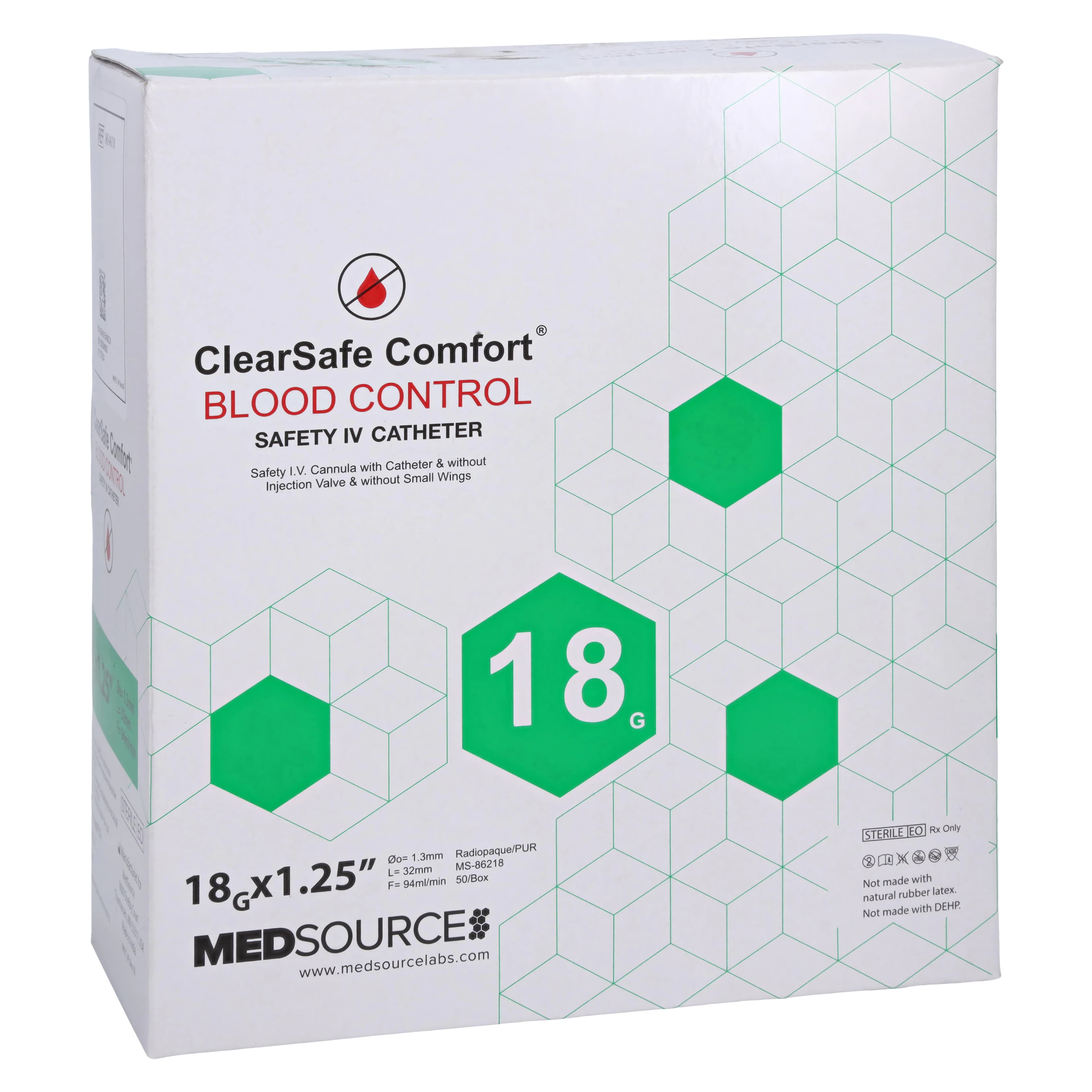 ClearSafe BC Safety IV Catheter, 18 Gauge, 1-1/4", Sterile, Non-Latex, Radiopaque, Anti-Stick, 50/Box - ClearSafe BC Safety IV Cath - Image 1