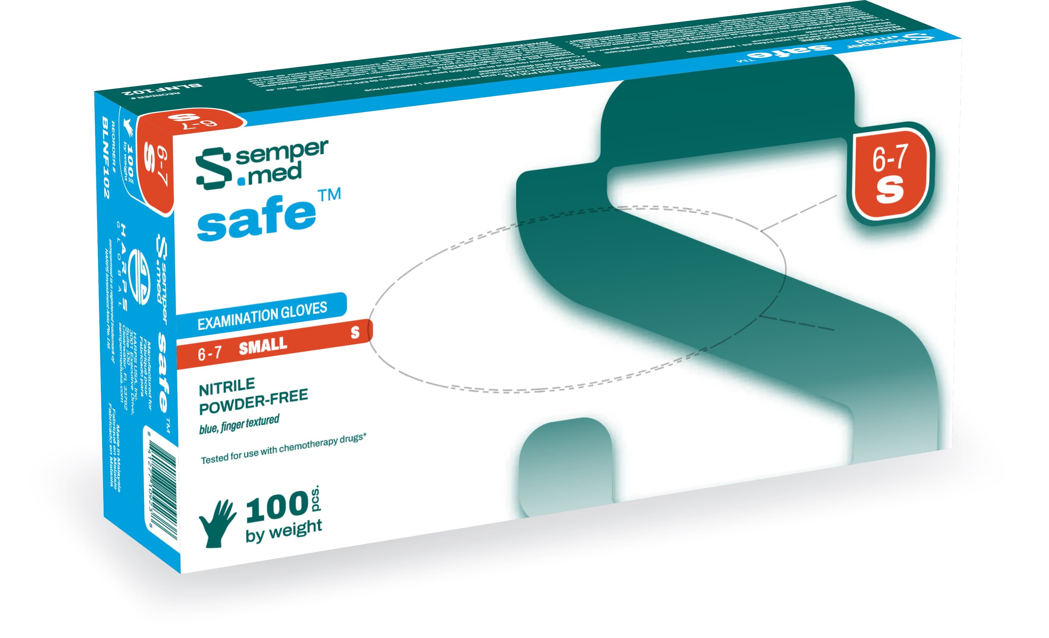 SemperForce Safe Nitrile Exam Gloves, Powder Free, Textured, Small, Blue, 100/Box thumbnail 2