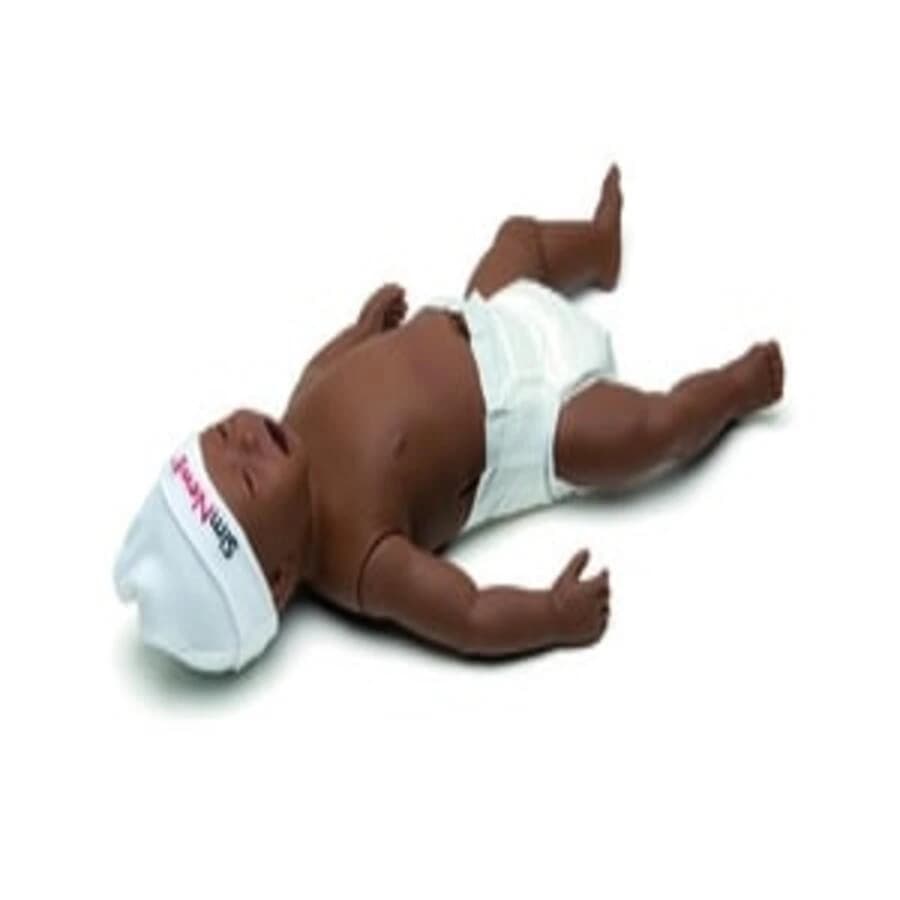 Laerdal SimNewB Full Body/Resuscitation Training Manikin, Dark Skin Female Infant, Tetherless, with Umbilical Blood & Cords, Meconium Aspiration Module, Syringes, Syringe Needle, Power Cord, Silicone Airway Lubricant, Silicone Tape, Set of Leg Skins, IO Leg Patches, Blanket, Cap, Disposable Diaper, IV Drain Bag, Carry Case, User Guide, Each - SimNewB - Image 1