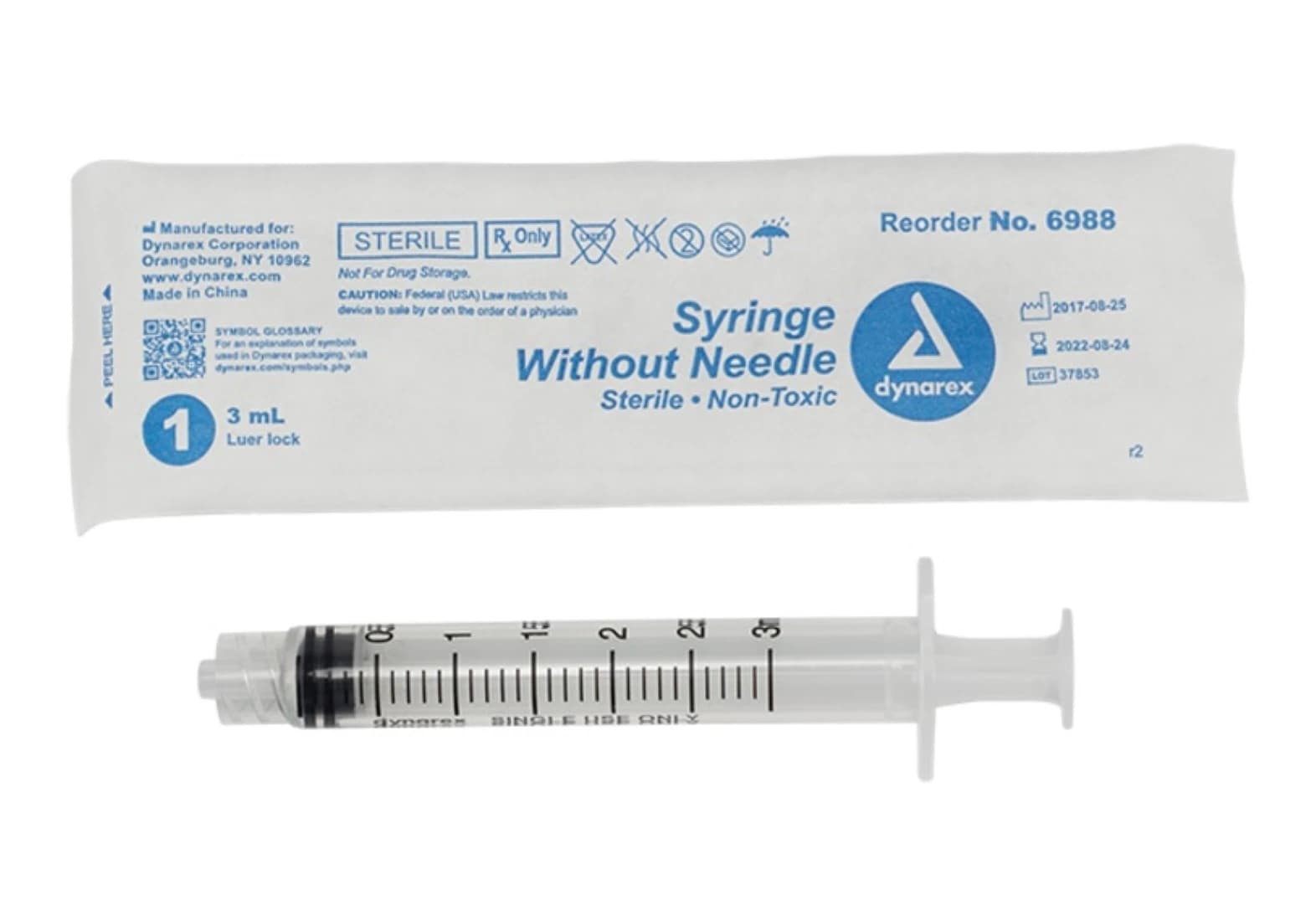 Dynarex Luer Lock Syringe, 3cc, Translucent, Low Dead Space, 100/Box, #6988 - Syringe Luer Lock - Image 1