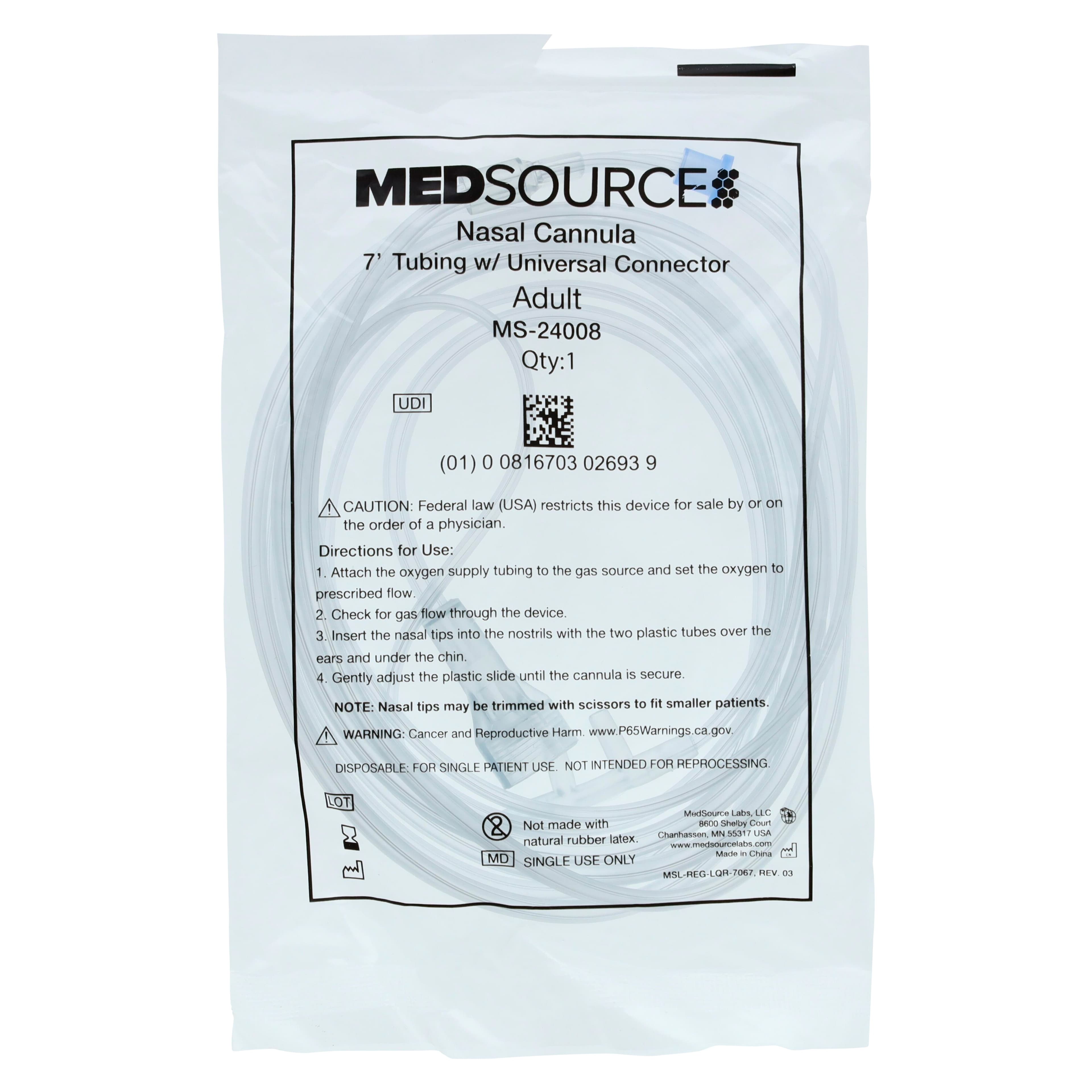 Medsource International Adult Nasal Cannula, Universal Connector, Non-Flared Tip, 7 ft Tubing, Disposable, Latex-Free, Each thumbnail 4
