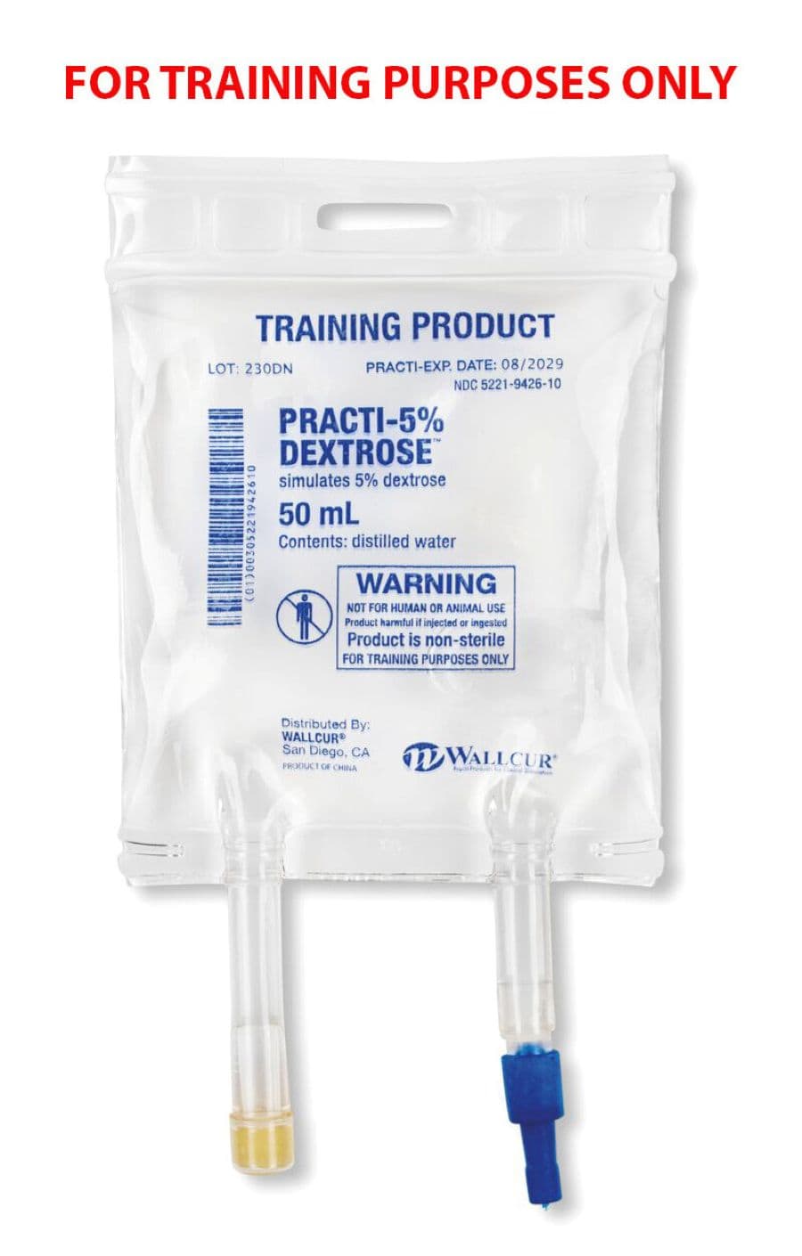 Practi-5% Dextrose Simulated IV Bag, 50 mL, Distilled Water, Wallcur - Practi-5% Dextrose IV Bag - Image 1