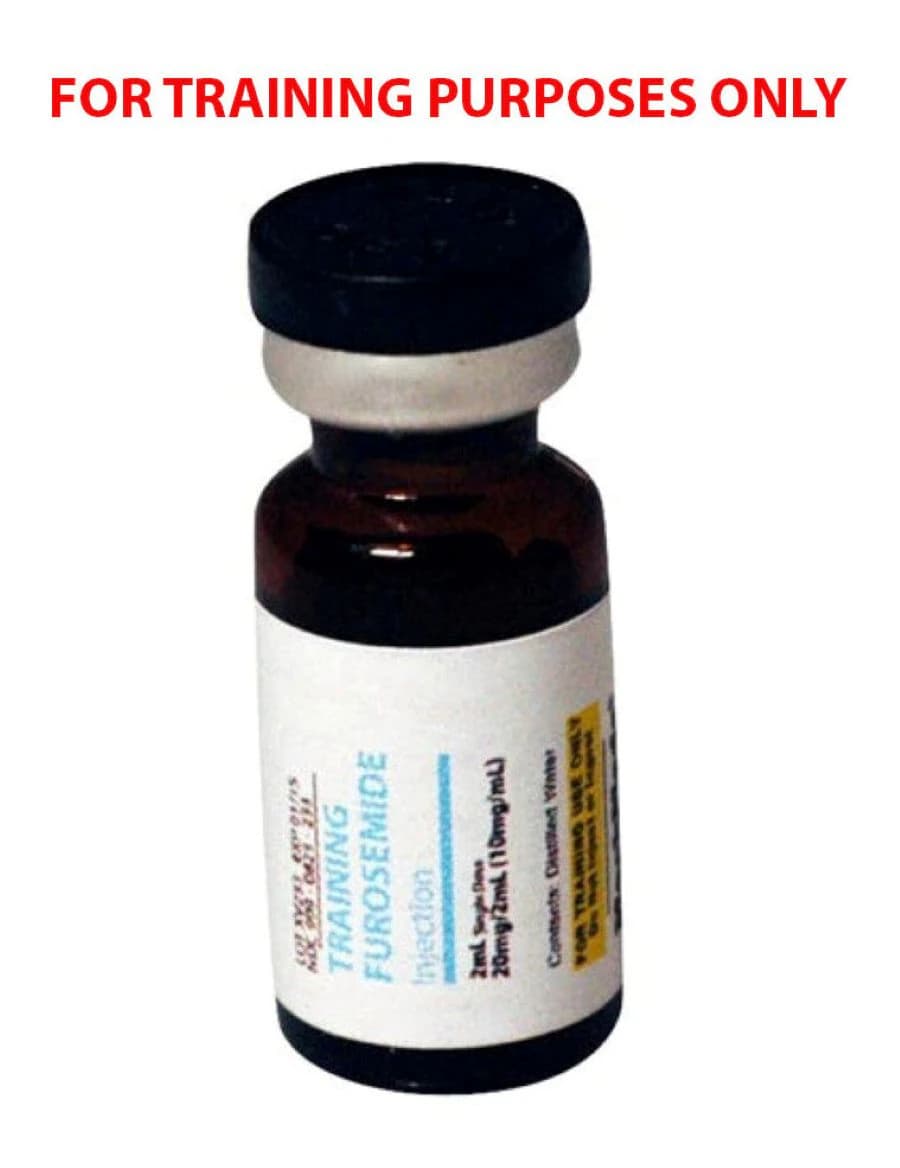 Mockmeds Furosemide Injection 20mg/2mL Simulated Medication Vial, 2mL Distilled Water, 25/Case - Train Vial Furosemide - Image 1