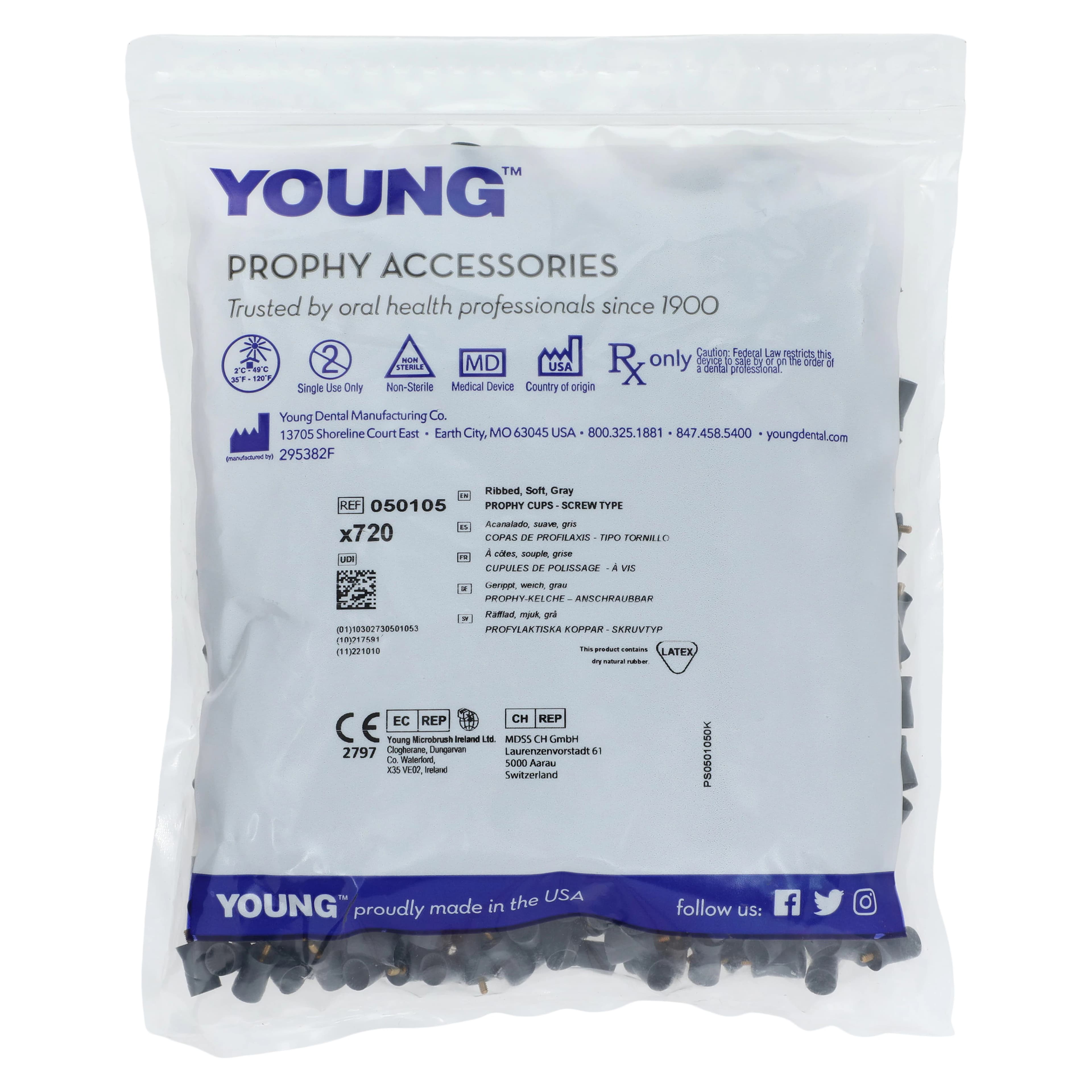 Young Dental Ribbed Prophy Cup, Screw Type, Soft, Gray, Long, 720/Pkg, 050105 - Prophy Cups Ribbed Screw Type Soft Gray 720/Pk - Image 1