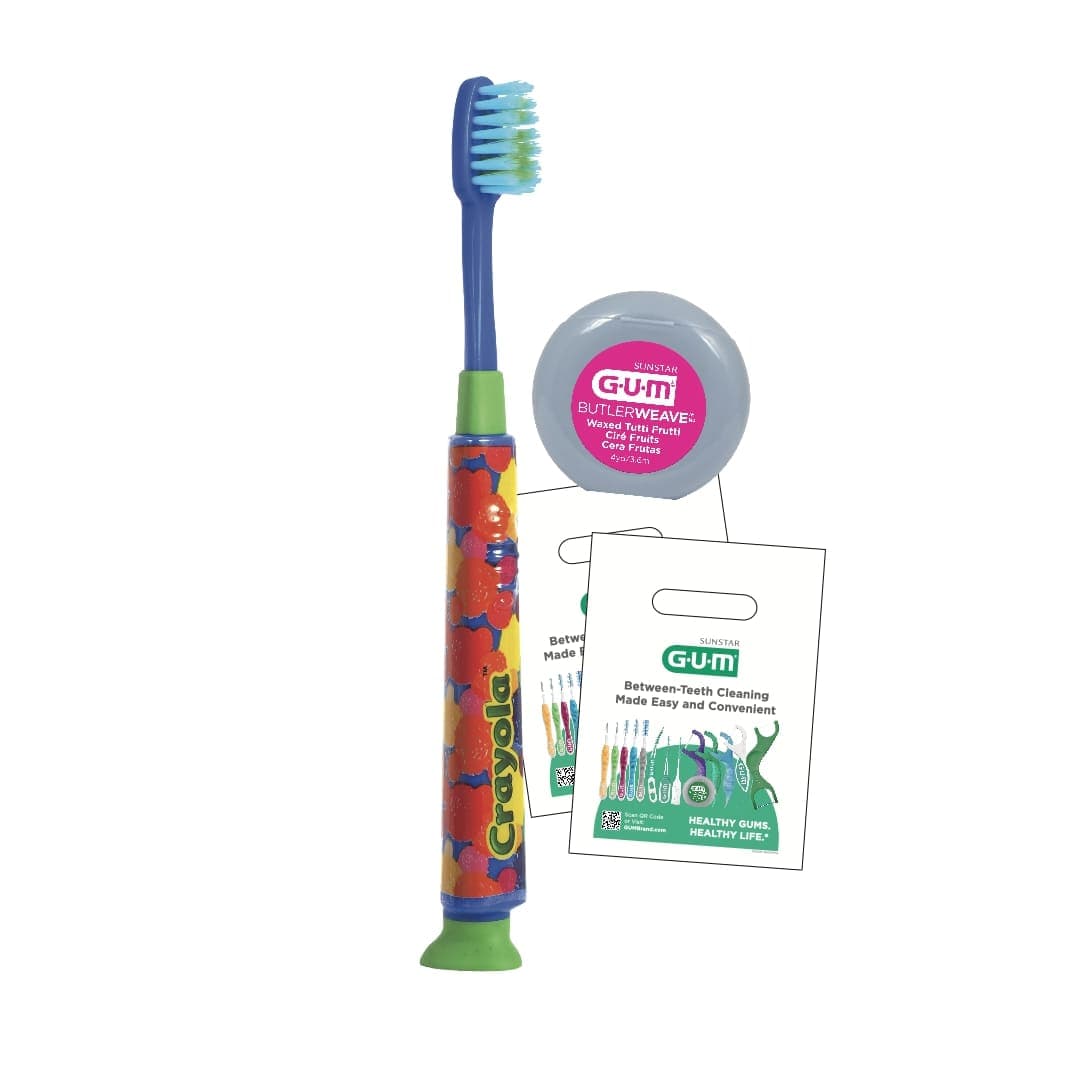 GUM Crayola Deep Clean Kids Toothbrush & Floss Patient Pack Bundle, 144 Packs, KIT234P - GUM® Kit Crayola™ Deep Clean Kids’ Toothbrush Bundle Box - Image 1