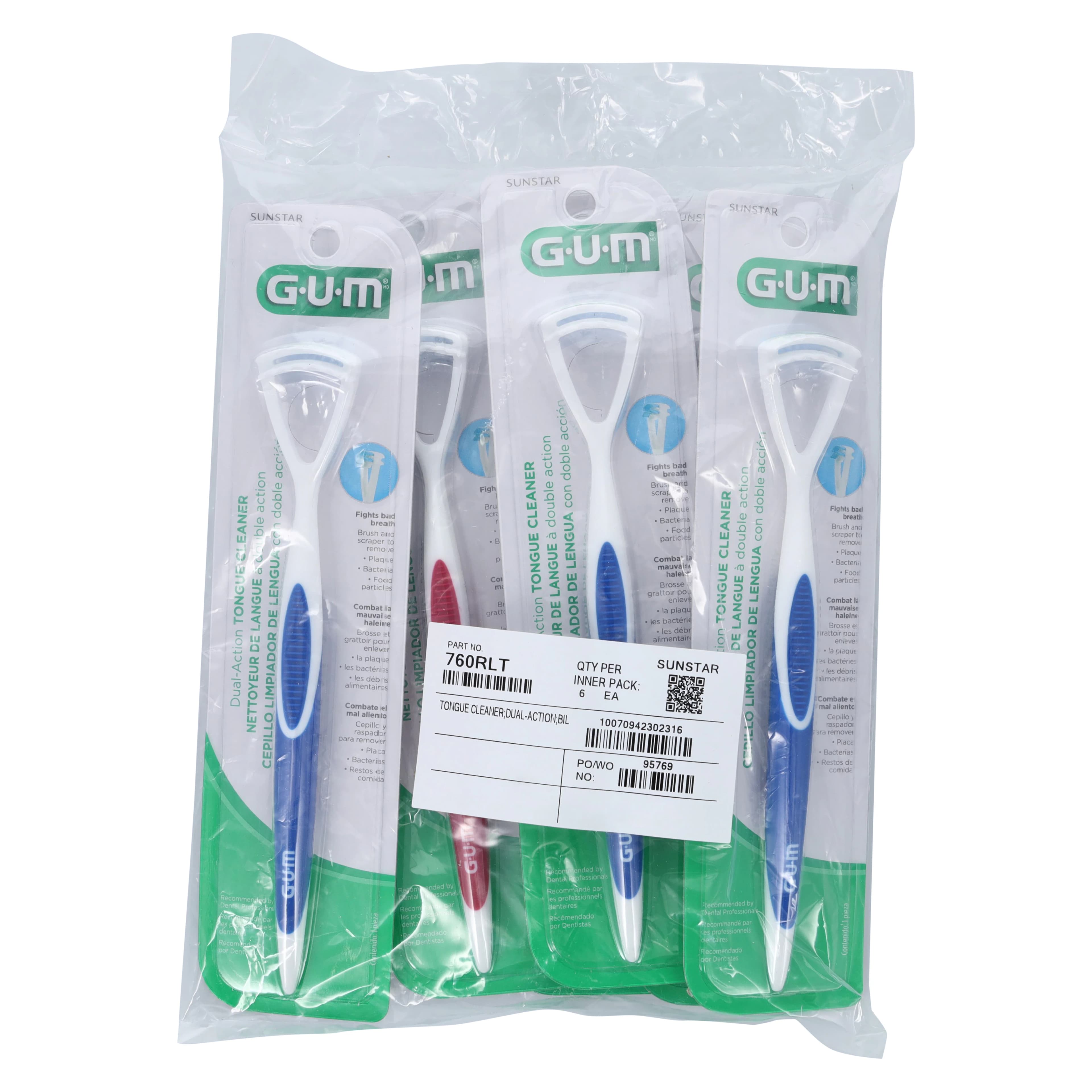 GUM 2-in-1 Tongue Cleaner, Brush & Scraper Combo, Assorted Colors (3 Red/3 Blue), 6/Pack, 760PB - Tongue Cleaner 6/Bx (Replaces BU-760PA), 760PB - Image 1