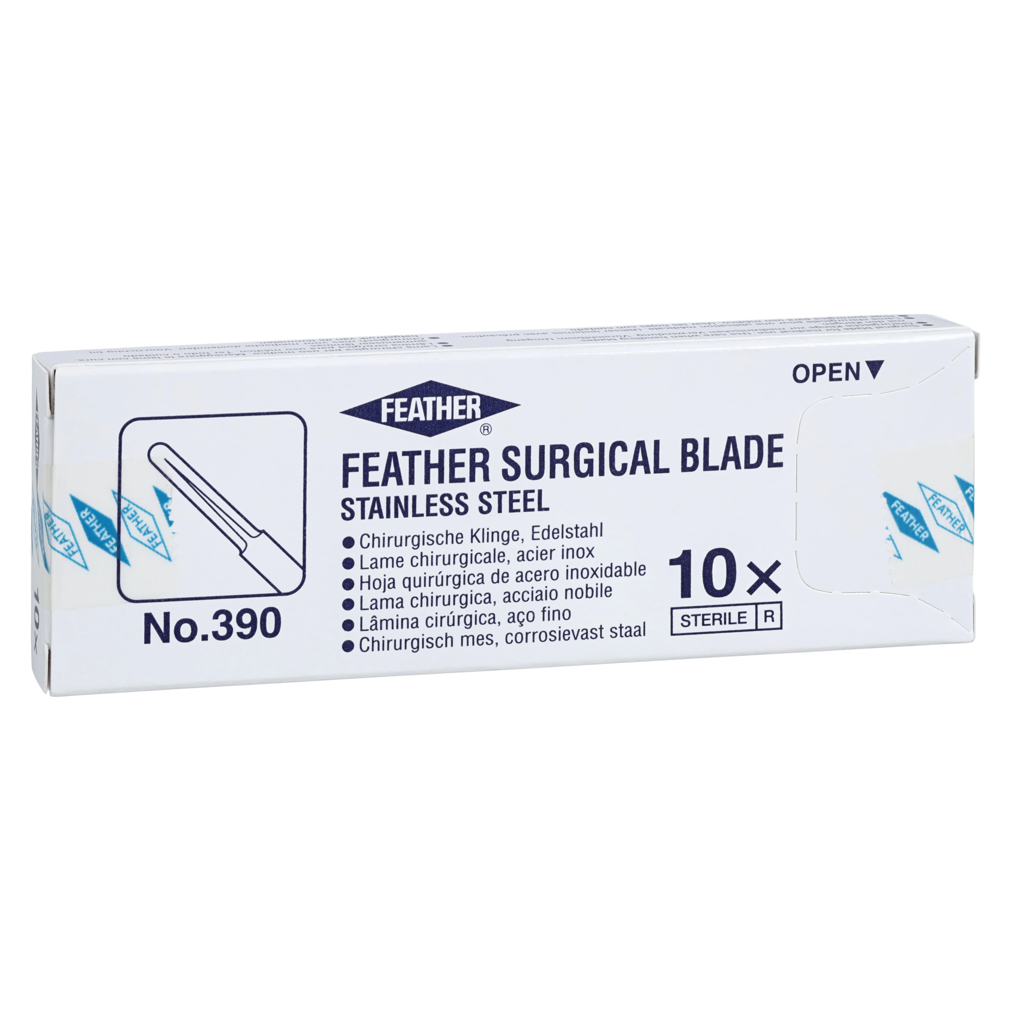 Feather Microsurgical Blade #390, Single-Sided, Sterile, Stainless Steel, 10/Box, 27-07970007 - #390 Micro Surgical Blade Pack of 10 - Image 1