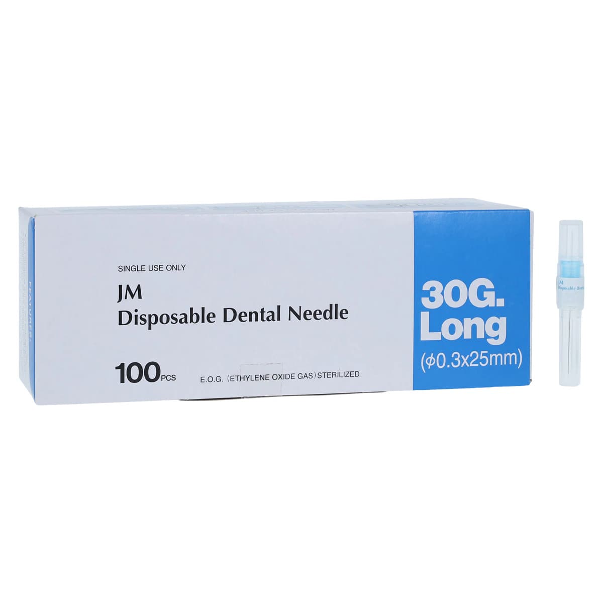J. Morita Disposable Dental Needle, Plastic Hub, 30 Gauge Long (25mm), Blue, 100/Box, 20-30GL - JM Blue 30g Long Plastic Hub Dental Needle Box of 100 - Image 1
