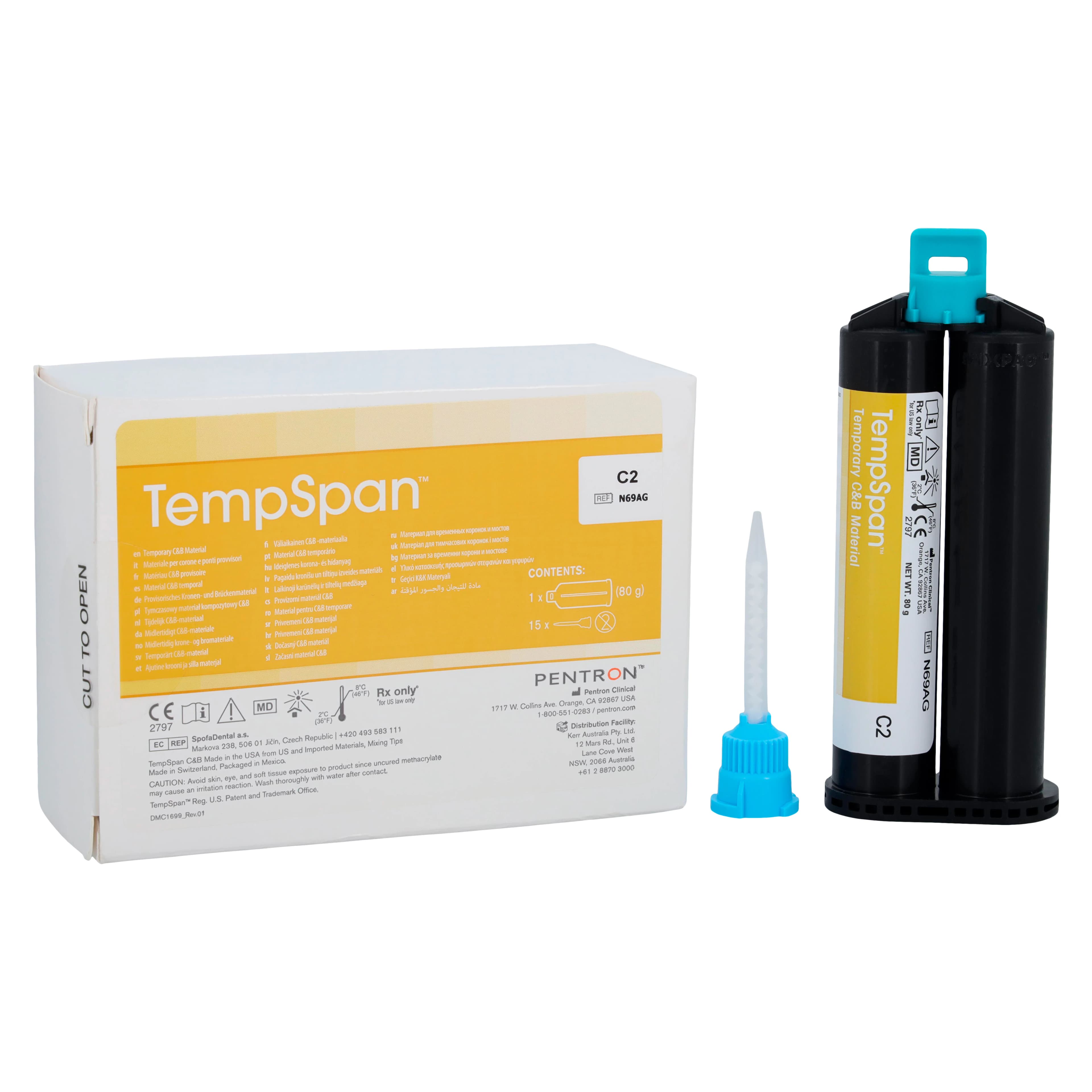 TempSpan Dual Cure Temporary Crown & Bridge Material, Cartridge Refill, 50 ml, Shade C2, 1/Pk, N69AG - TempSpan Temporary C&amp;B Material, Cartridge Refill, 50 ml, C2, 1/Pk - Image 1