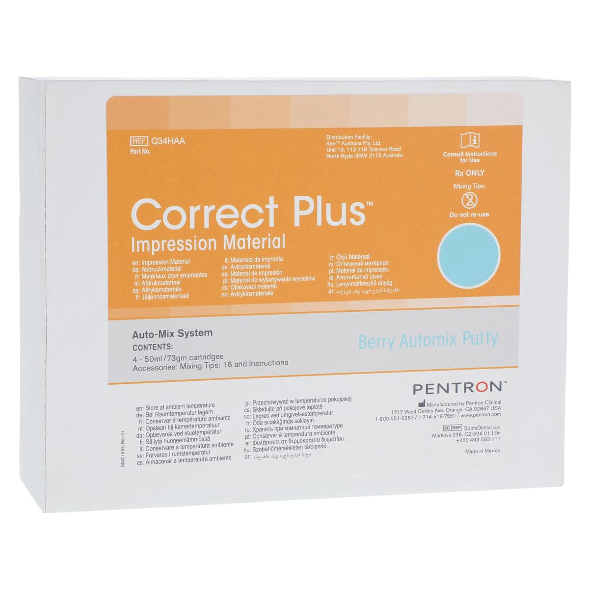 Correct Plus Hydrophilic Vinyl Polysiloxane Impression Material, Auto-Mix Putty, Berry Flavor, Regular Set, 50 ml Cartridges, 4/Pk, Q34HAA - Correct Plus Impression Material, Berry Auto-Mix Putty, 50 ml, 4/Pk - Image 1