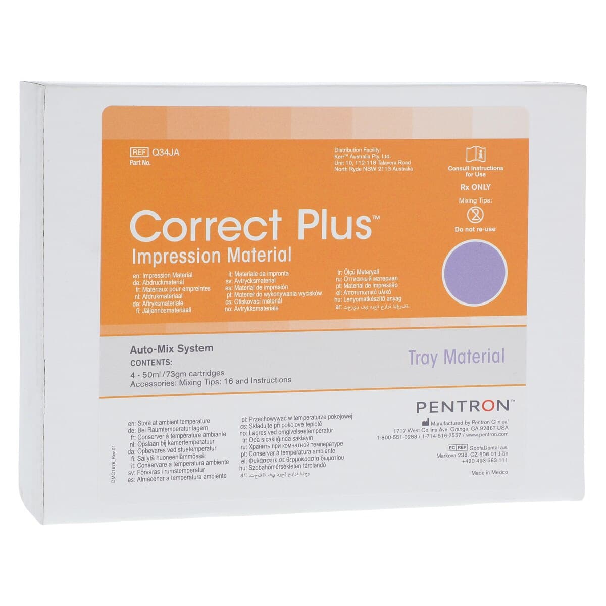 Correct Plus Hydrophilic Vinyl Polysiloxane Impression Material, Tray, Regular Set, Unflavored, 50 ml Cartridges, 4/Pk, Q34JA - Correct Plus Impression Material, Tray, Regular Set, 50 ml, 4/Pk, Q34JA - Image 1
