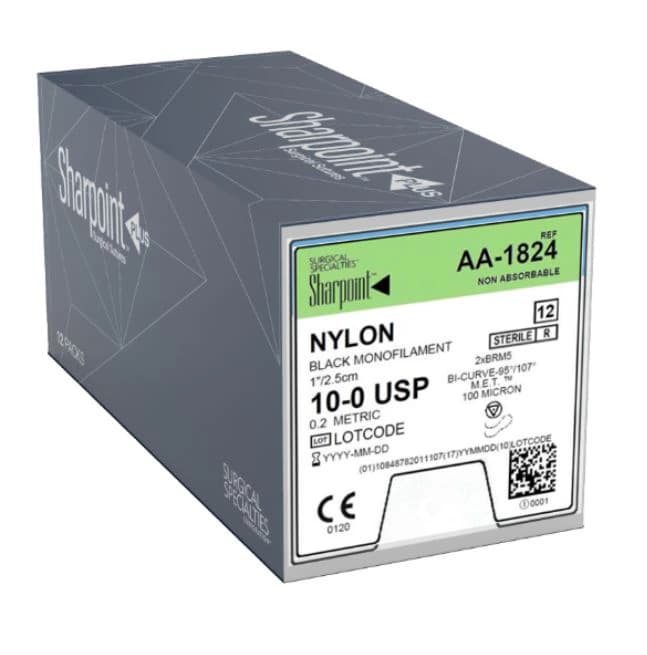 Sharpoint Suture Nylon Monofilament 10-0, 1" (2.5 cm), Non-Absorbable, BRM-5/BRM-5, M.E.T. Point Bi-Curve 5mm, Uncoated Black, 12/Box - Suture Nylon Brm5 - Image 1