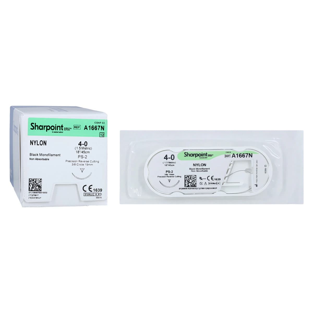 Sharpoint Plus Suture Nylon Monofilament 4-0, 18" (45cm), PS-2 Precision Reverse Cutting 3/8 Circle Needle 19mm, Uncoated Black, 12/Box thumbnail 2