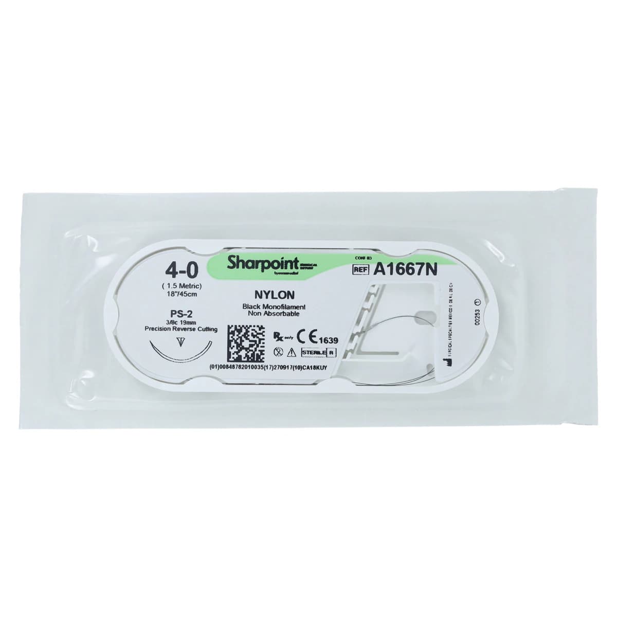 Sharpoint Plus Suture Nylon Monofilament 4-0, 18" (45cm), PS-2 Precision Reverse Cutting 3/8 Circle Needle 19mm, Uncoated Black, 12/Box thumbnail 3