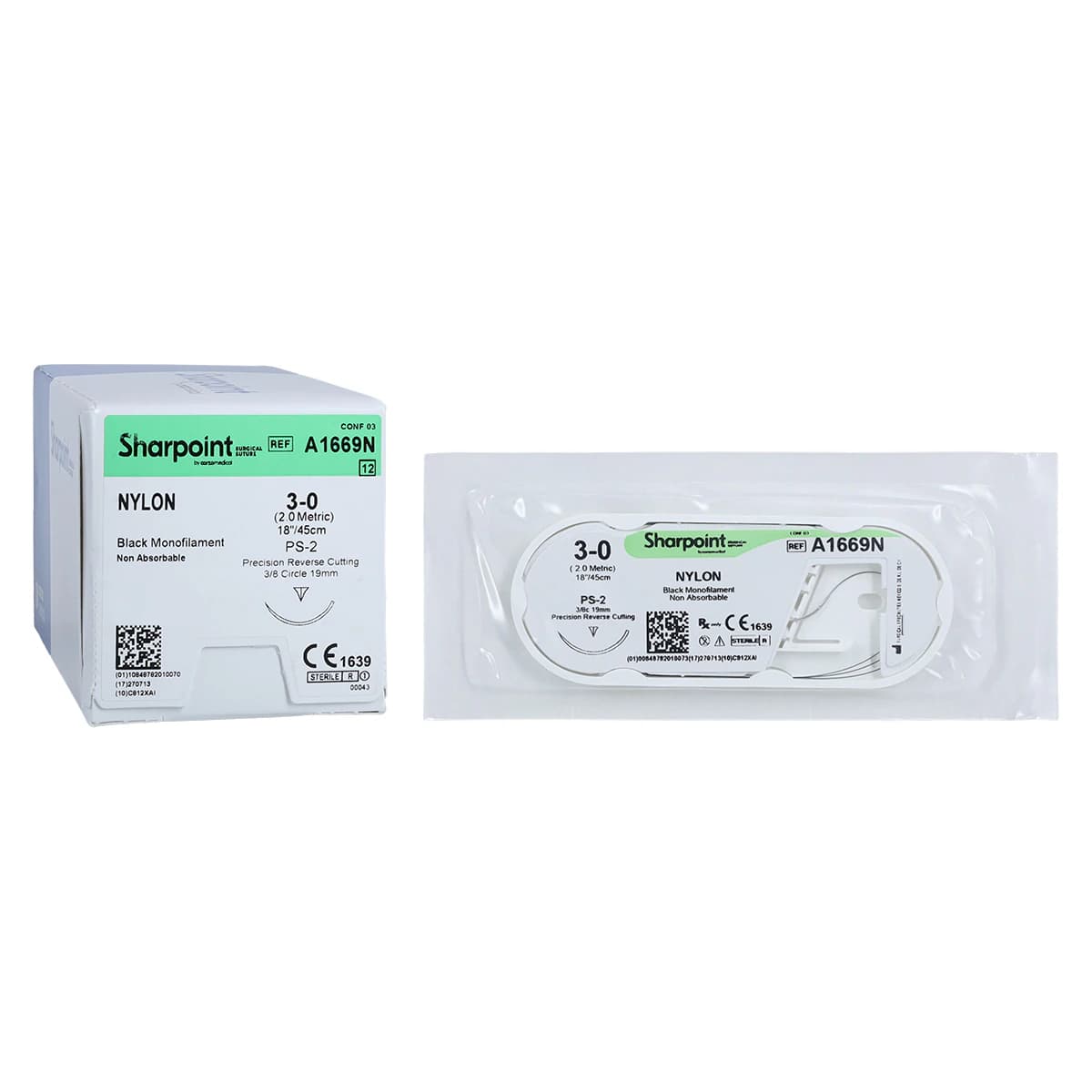 Sharpoint Plus Suture Nylon Monofilament 3-0, 18" (45cm), PS-2 Precision Reverse Cutting Needle 18mm, 3/8 Circle, Black, Non-Absorbable, 12/Box thumbnail 2